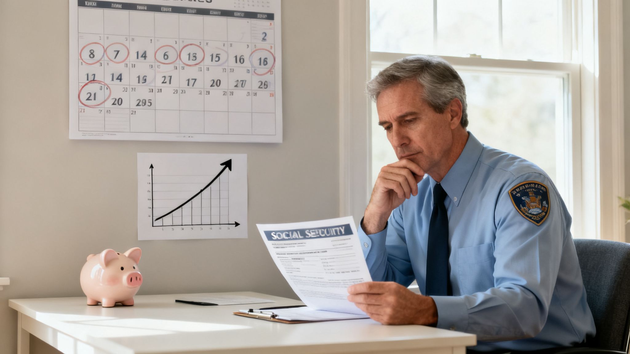 A man in a blue shirt reviews Social Security documents, contemplating financial planning and retirement.