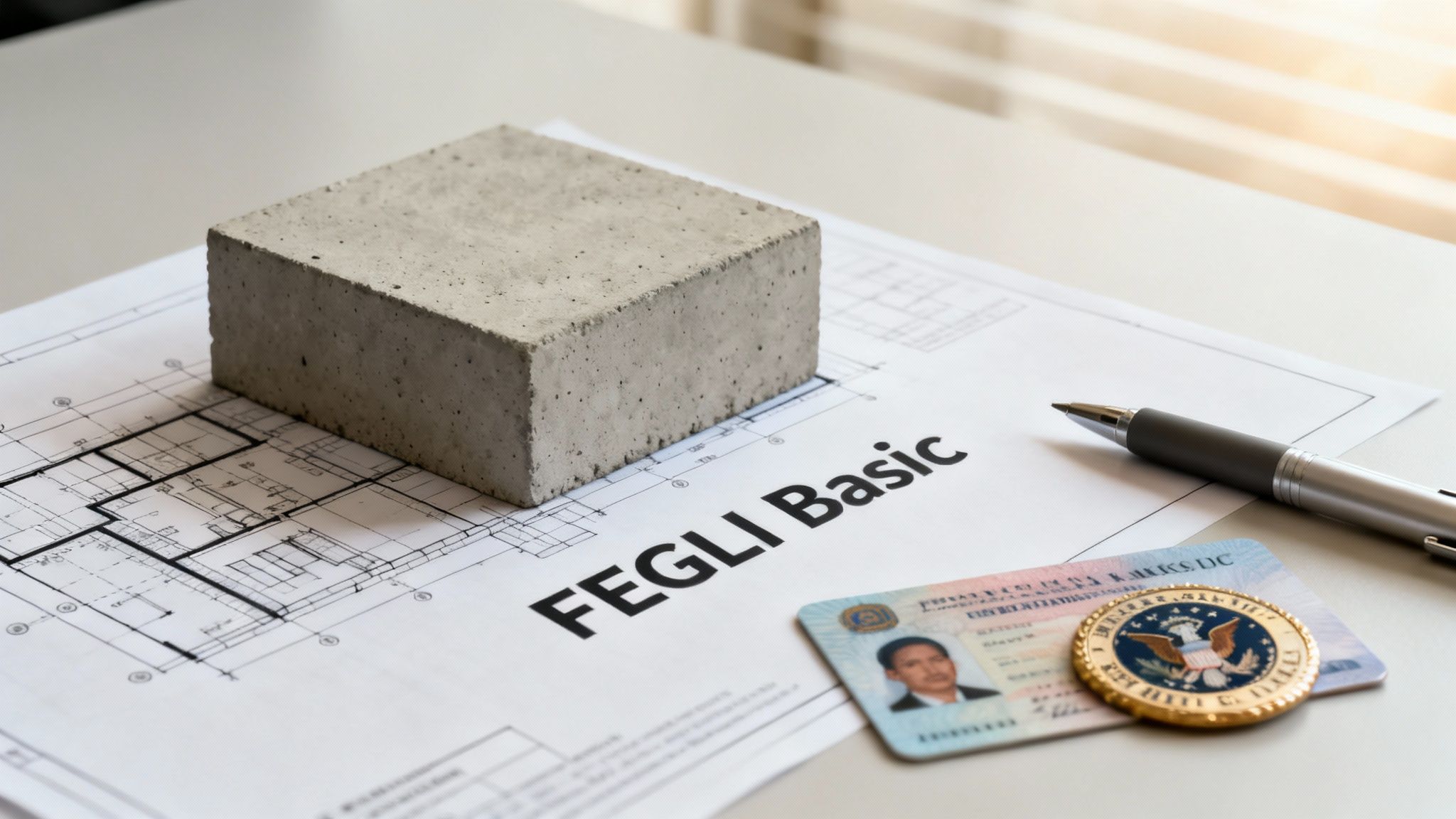 A document titled 'FEGLI Basic' with blueprints, concrete block, pen, and ID card.