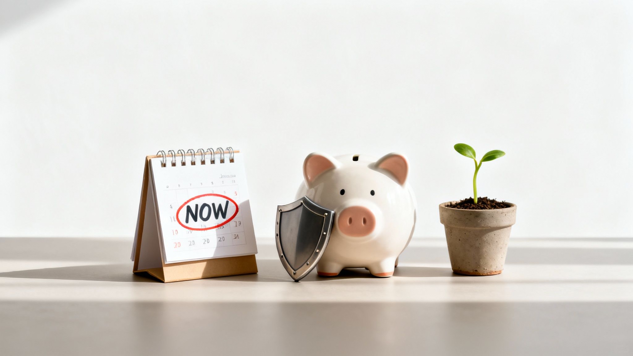 A desk calendar showing 'NOW' circled, a piggy bank with a shield, and a growing plant.