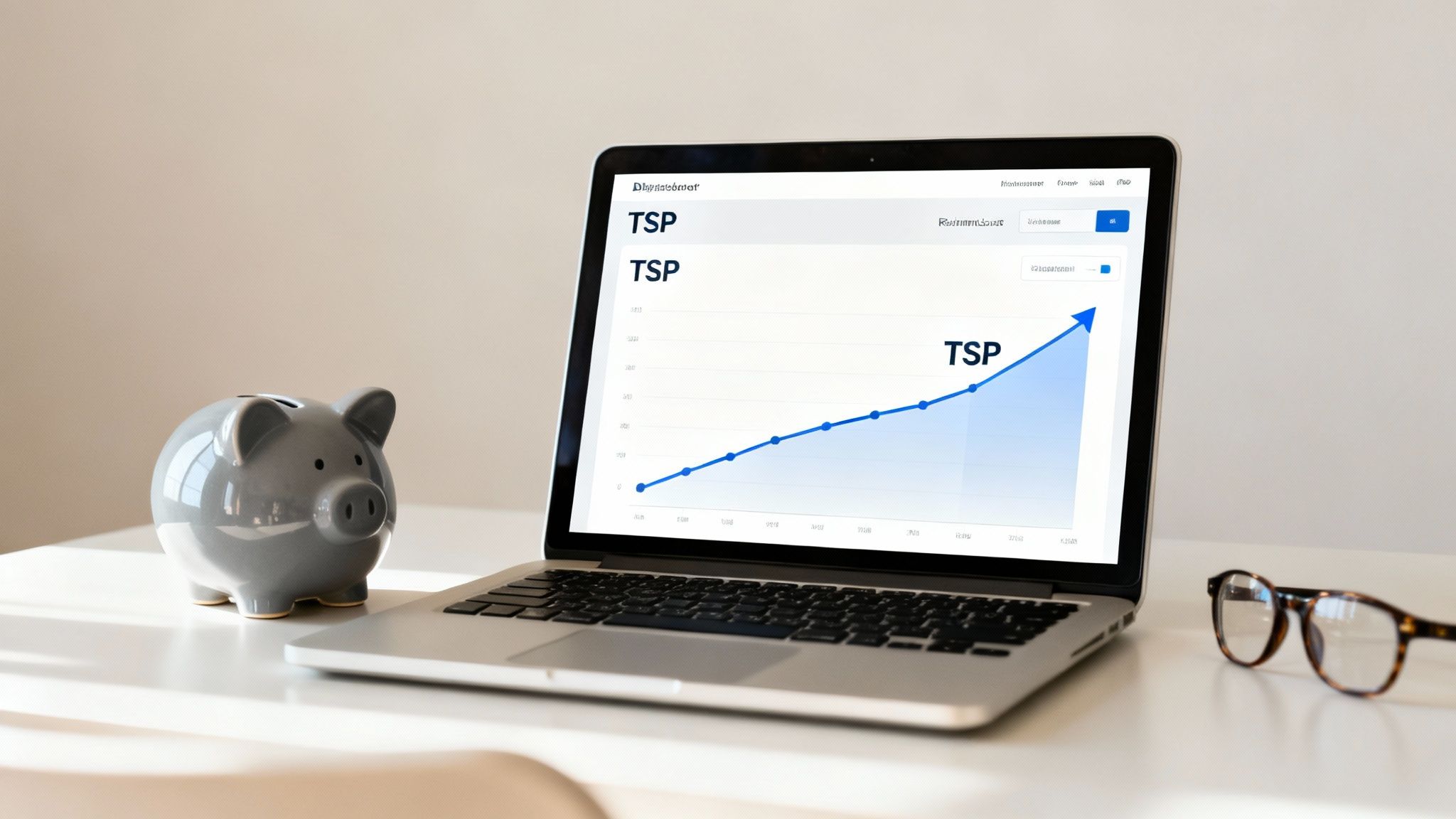 A laptop shows a financial graph of TSP increasing, with a piggy bank and eyeglasses on a desk. A laptop shows a financial graph of TSP increasing, with a piggy bank and eyeglasses on a desk.