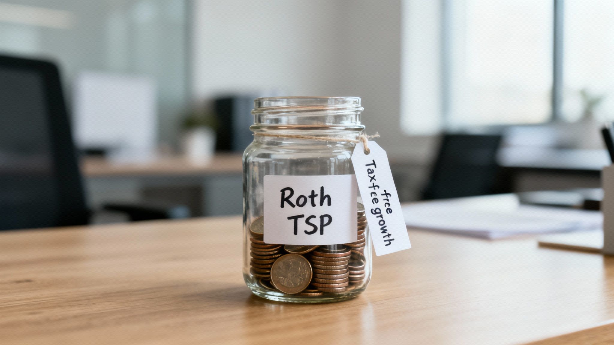 Glass jar with coins labeled 'Roth TSP' and 'Tax-free growth' on an office desk.