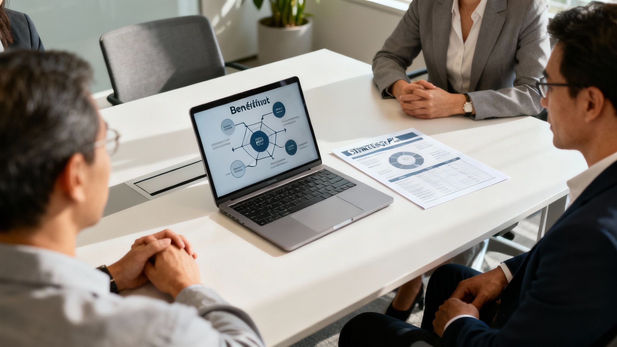 A team of professionals collaborating around a table, reviewing documents and data on a laptop, symbolizing strategic benefits planning. A team of professionals collaborating around a table, reviewing documents and data on a laptop, symbolizing strategic benefits planning.