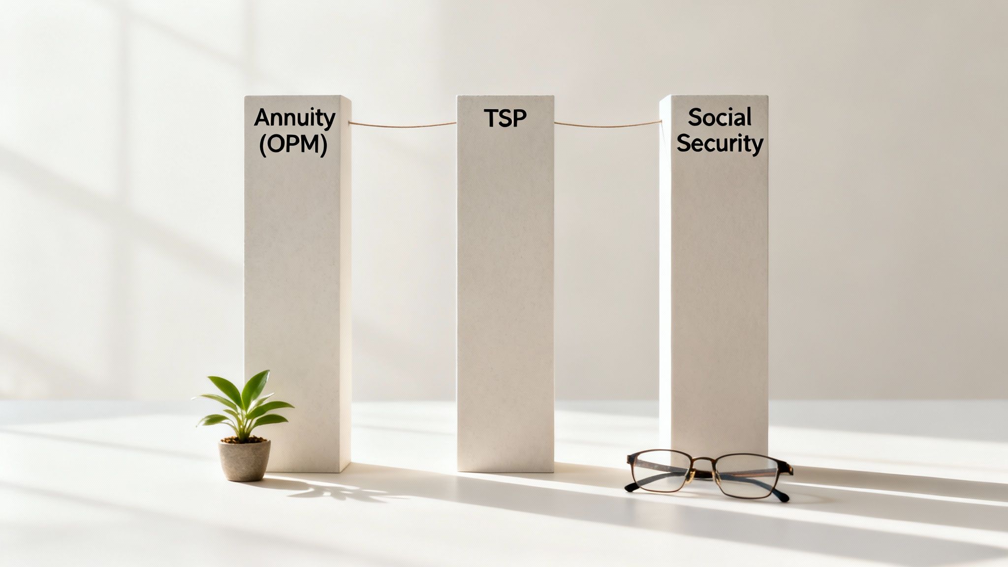 Three white pillars labeled Annuity (OPM), TSP, and Social Security, connected by a string, representing retirement benefits.