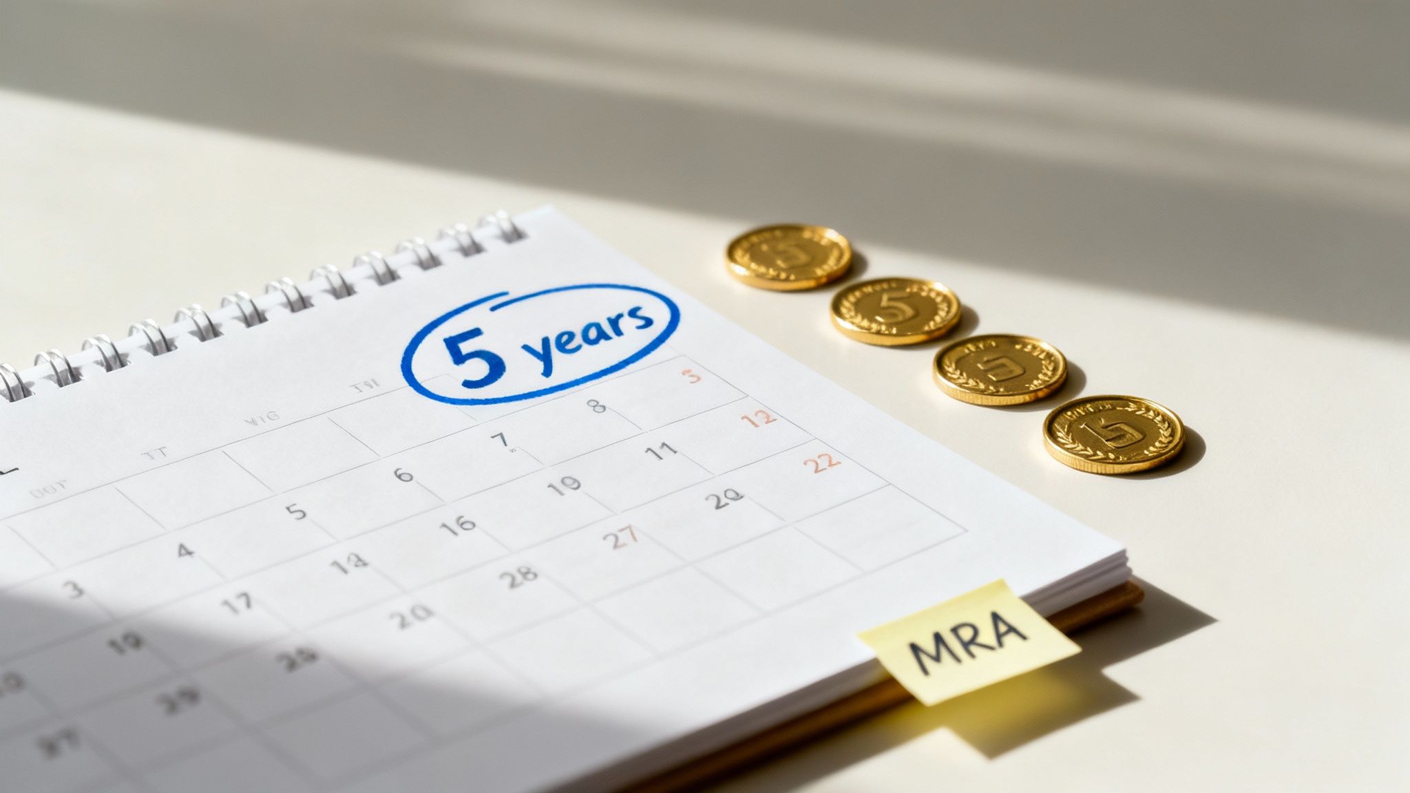 Calendar with five years circled, gold coins, and MRA sticky note representing deferred retirement planning Calendar with five years circled, gold coins, and MRA sticky note representing deferred retirement planning