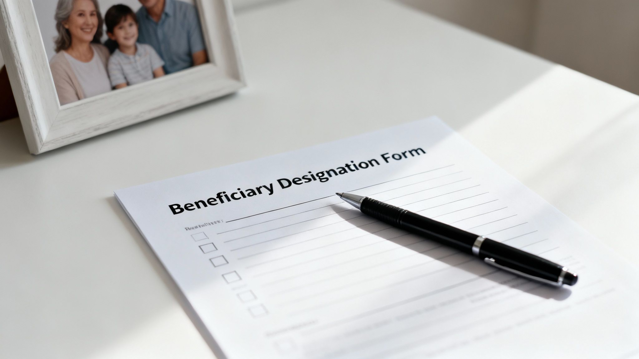 A Beneficiary Designation Form, pen, and framed family photo on a clean white desk.