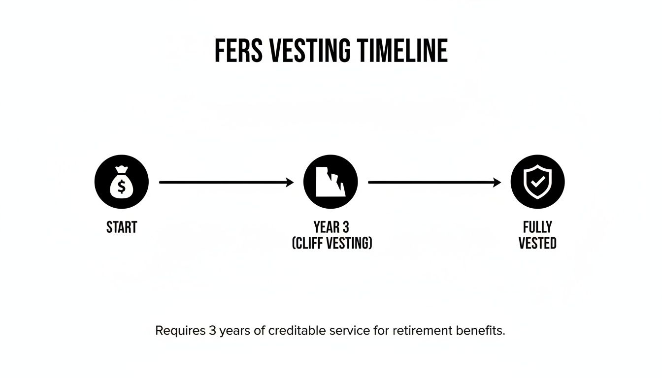 A FERS vesting timeline illustrates start, year 3 (cliff vesting), and fully vested stages.