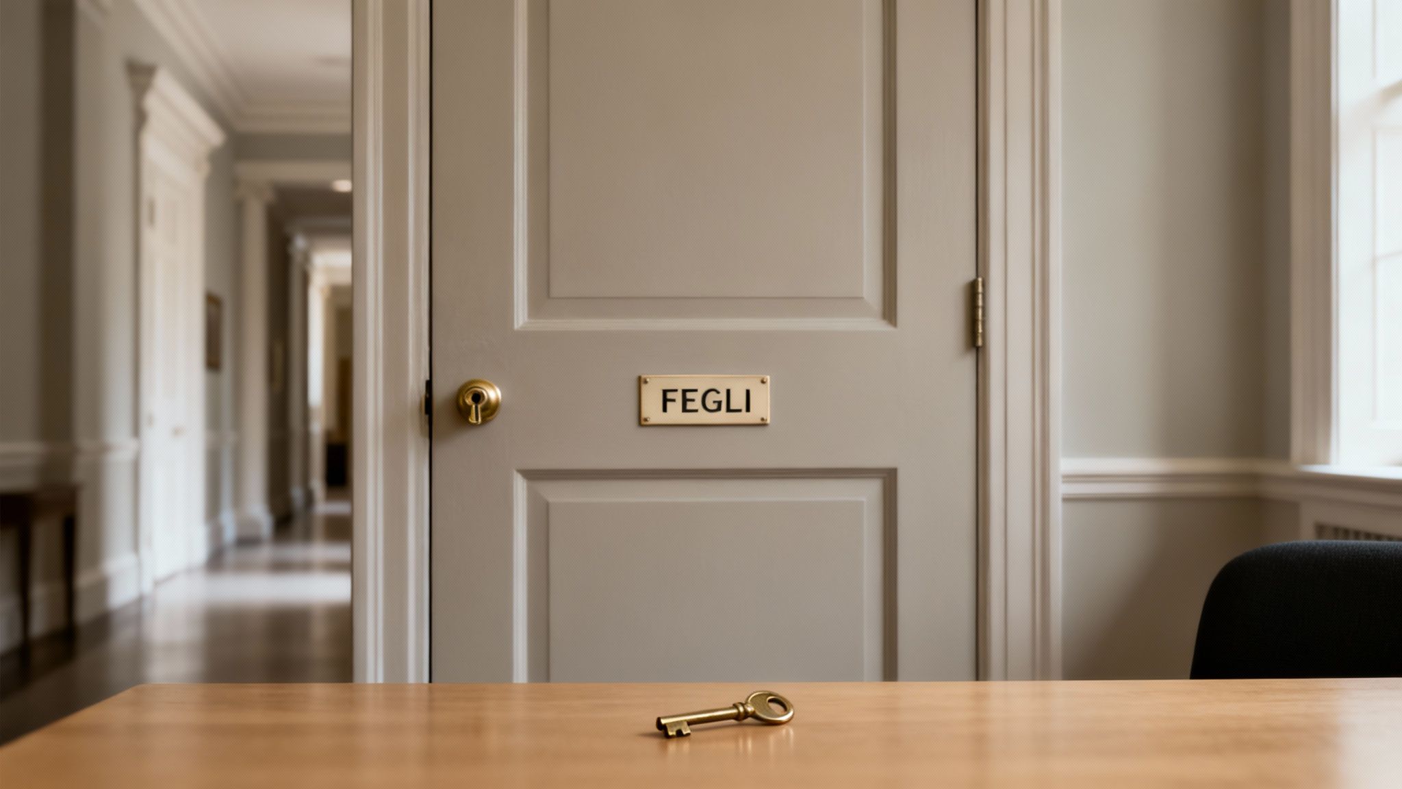 A golden key rests on a wooden desk in front of a closed grey door with a 'FEGLI' nameplate.