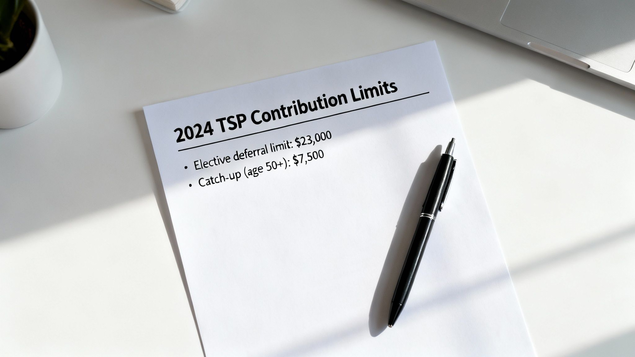 A document on a white desk outlines the 2024 TSP contribution limits for deferral and catch-up.