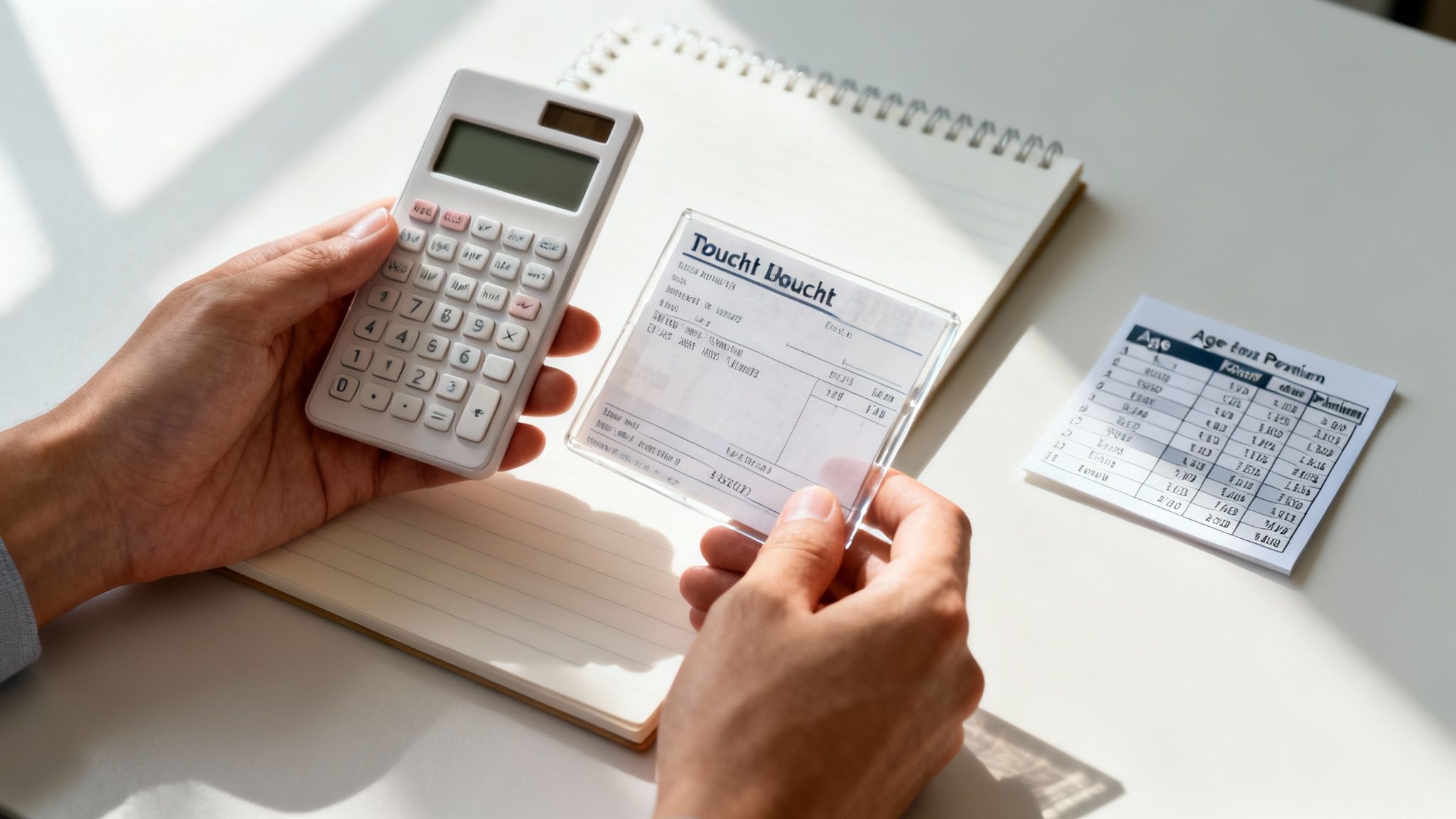 Person holds a calculator and a receipt, with a notebook and a numerical table on a white desk. Person holds a calculator and a receipt, with a notebook and a numerical table on a white desk.