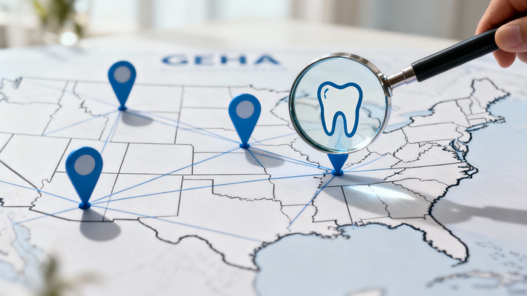 Magnifying glass highlighting tooth icon on United States map with location pins showing dental network Magnifying glass highlighting tooth icon on United States map with location pins showing dental network
