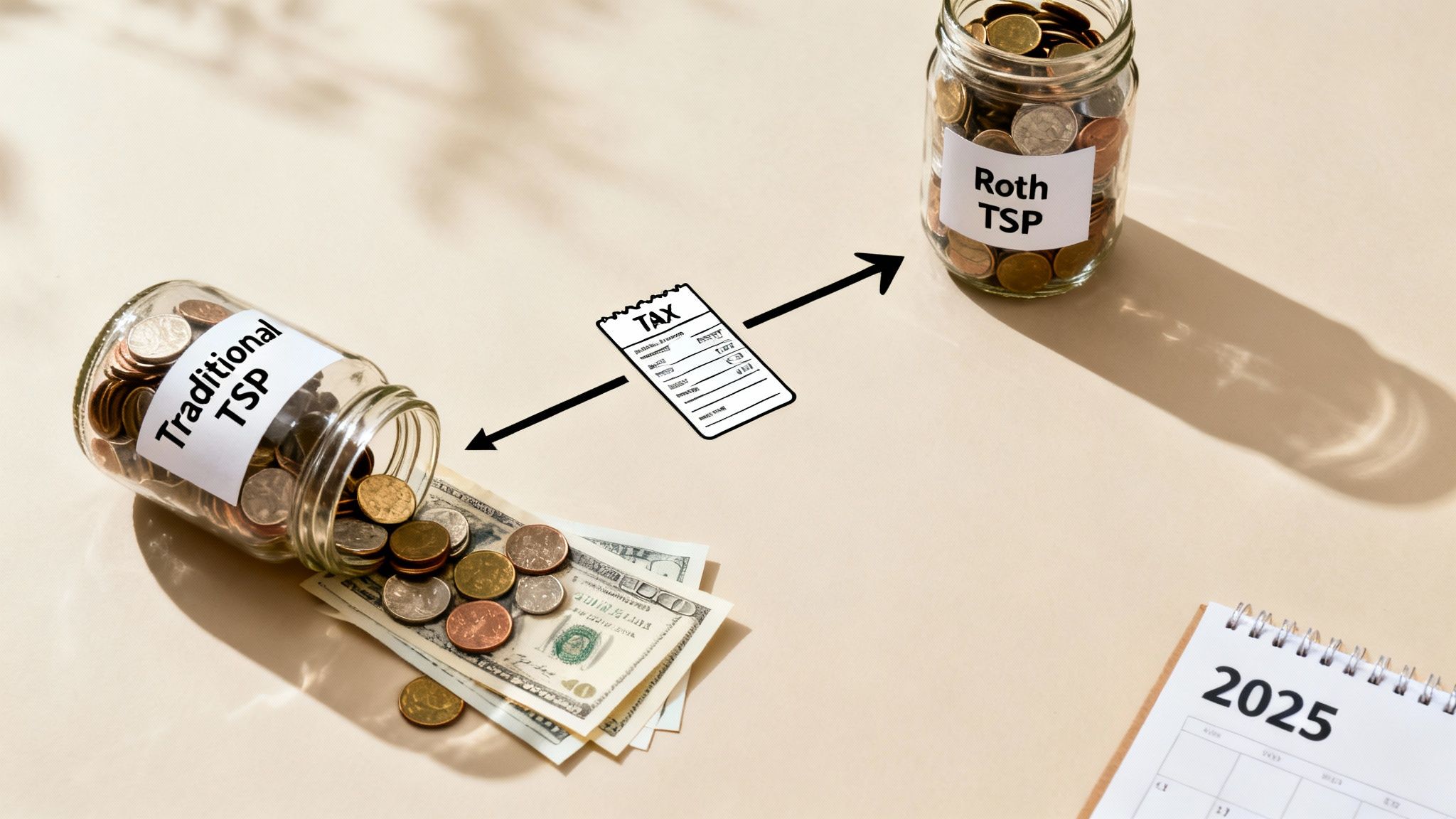 Money flowing from Traditional TSP jar, taxed, into Roth TSP jar, with 2025 calendar.