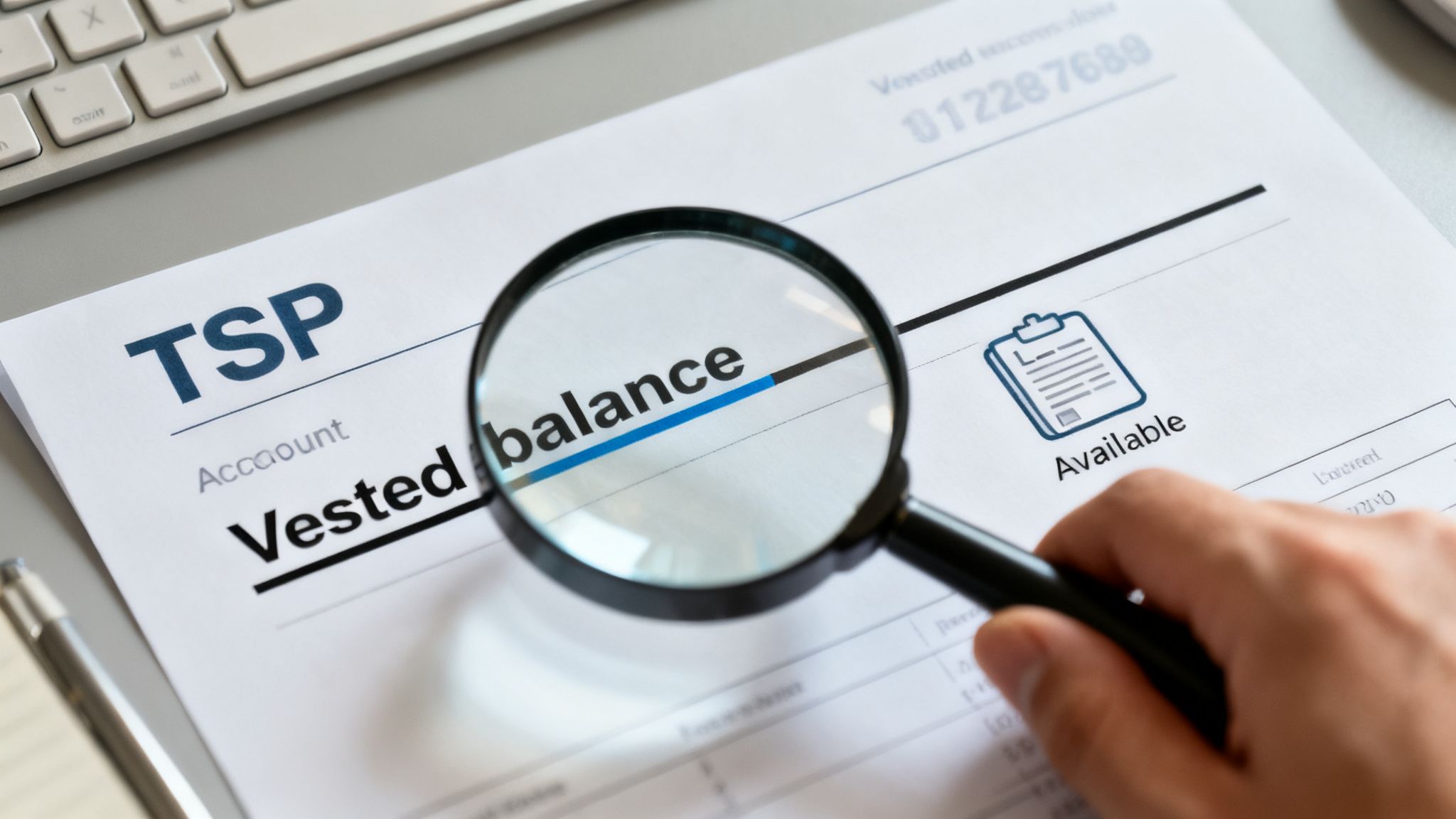 Close-up of a magnifying glass over a Thrift Savings Plan document, highlighting "Vested balance".