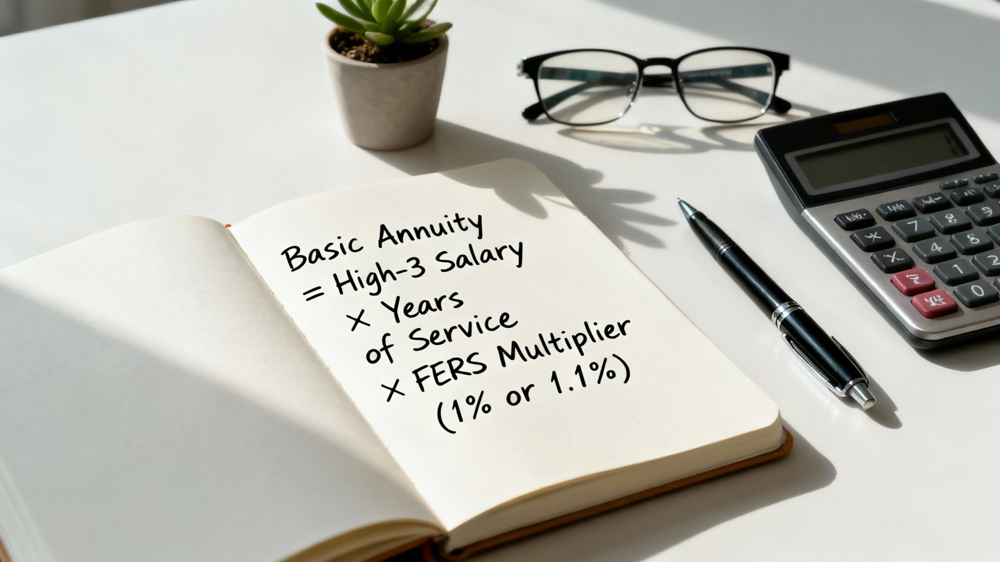 A calculator and pen on top of financial documents, symbolizing the FERS retirement calculation process.