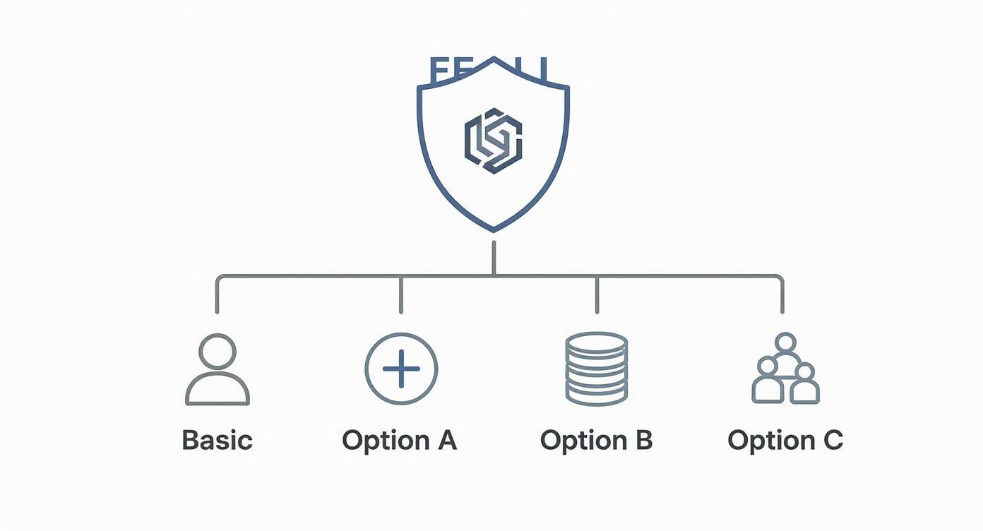 Federal Life Insurance shield logo with four distinct service options: Basic, Option A, Option B, and Option C. Federal Life Insurance shield logo with four distinct service options: Basic, Option A, Option B, and Option C.