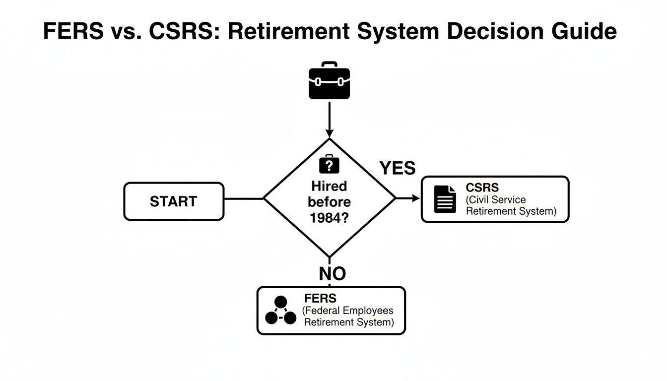 Flowchart guiding federal employees to FERS or CSRS retirement systems based on hiring date.