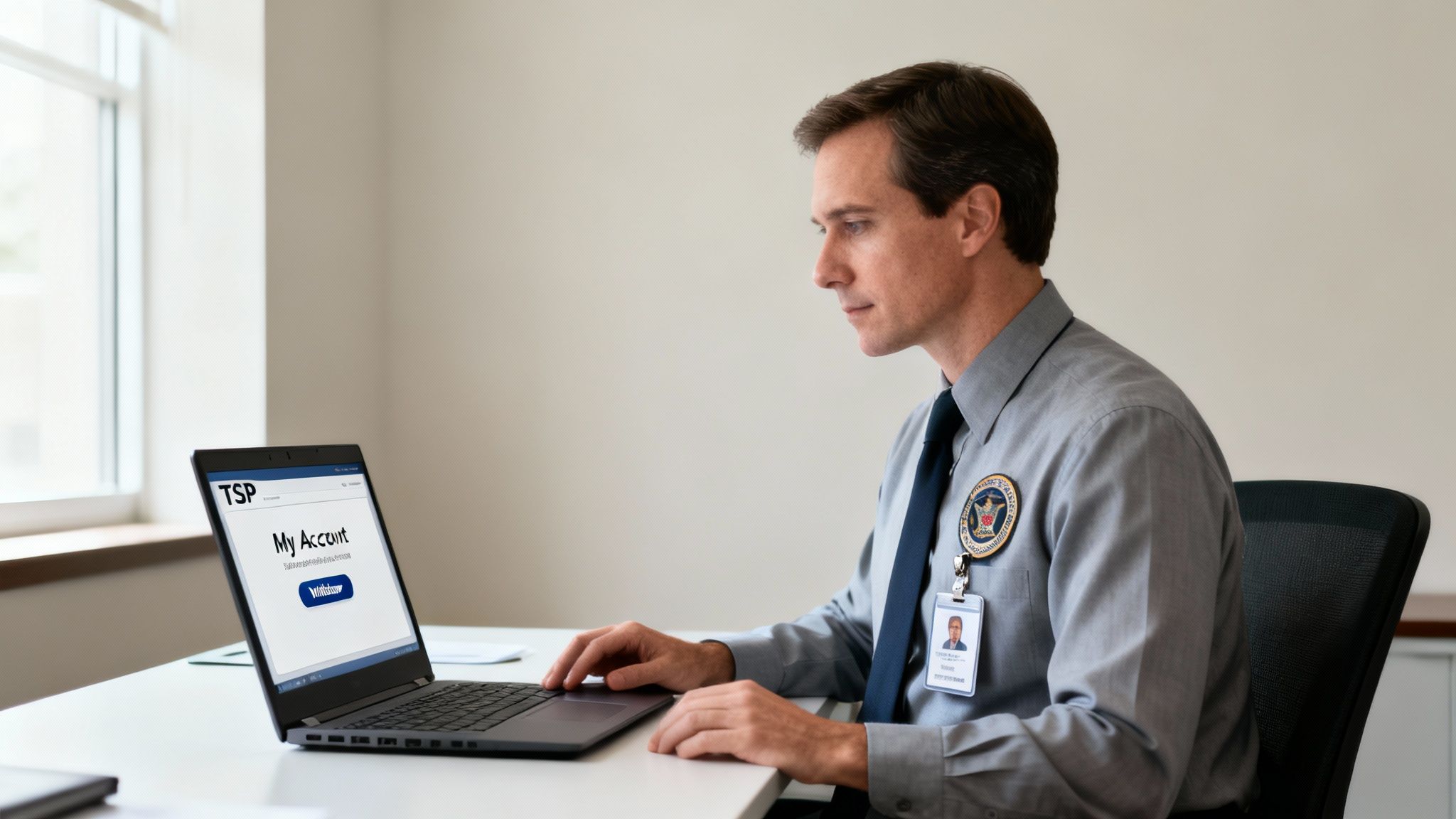 A man in a grey shirt and tie looking at a laptop screen displaying a TSP "My Account" page.