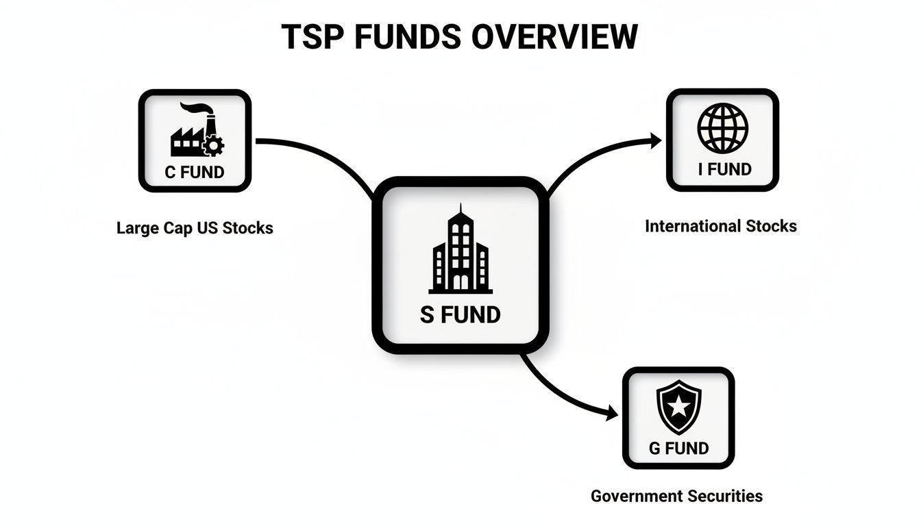 An overview of TSP funds, showing S Fund connecting to C, I, and G Funds, representing different stock and security types.