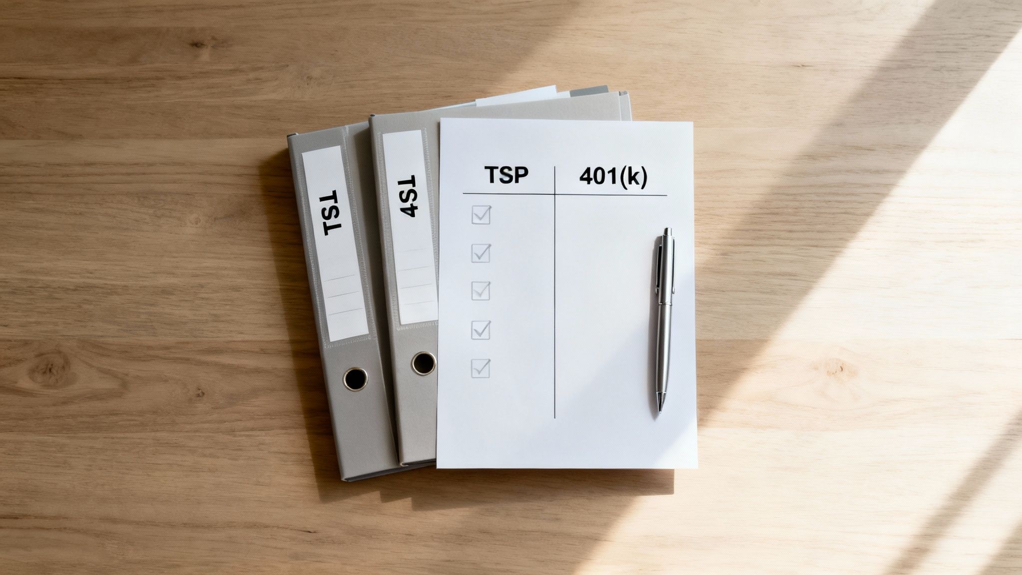 Top-down view of a wooden desk with binders and a checklist comparing TSP and 401k retirement plans.