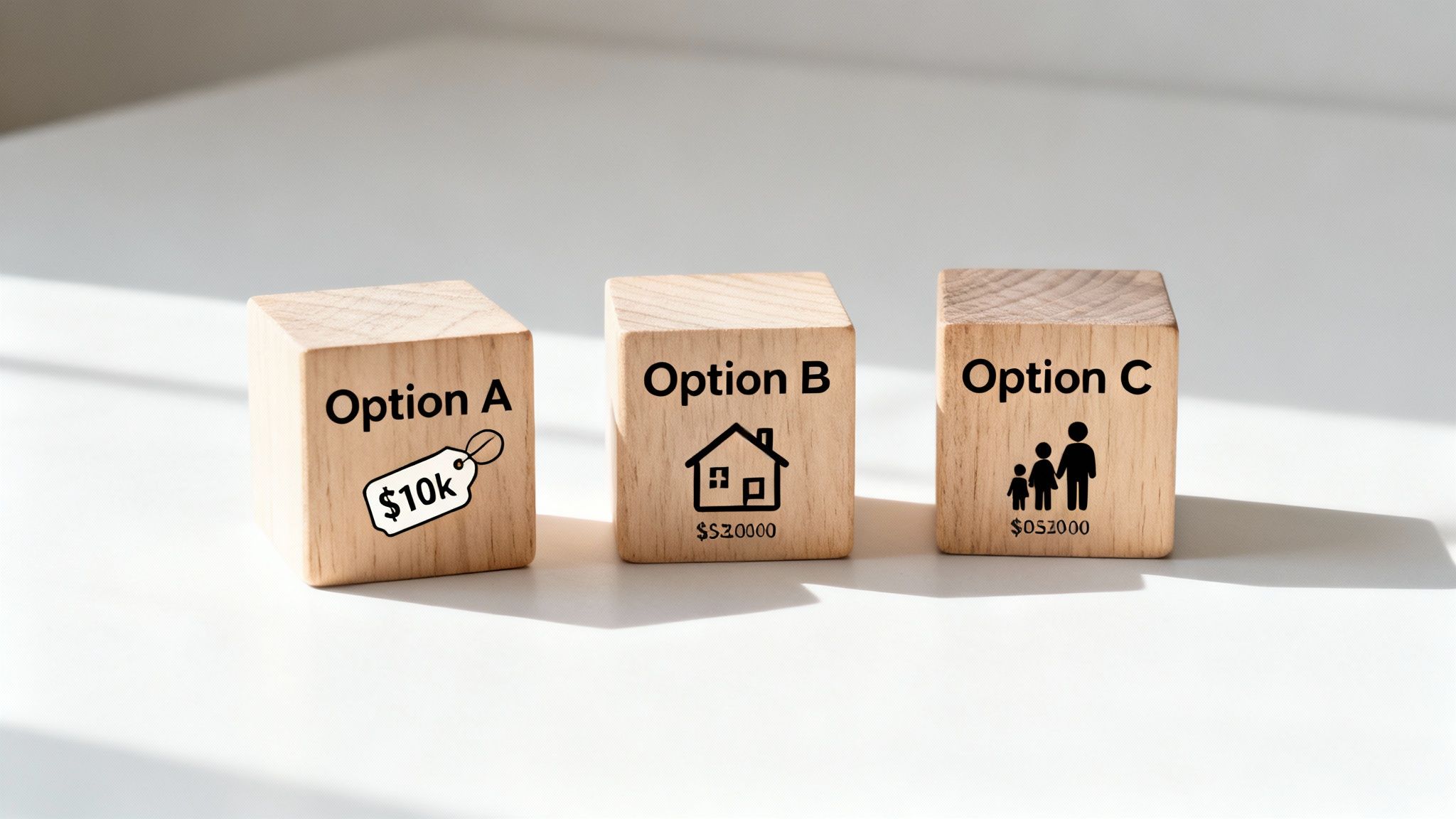 Three wooden blocks presenting financial options with price tag, house, and family icons.