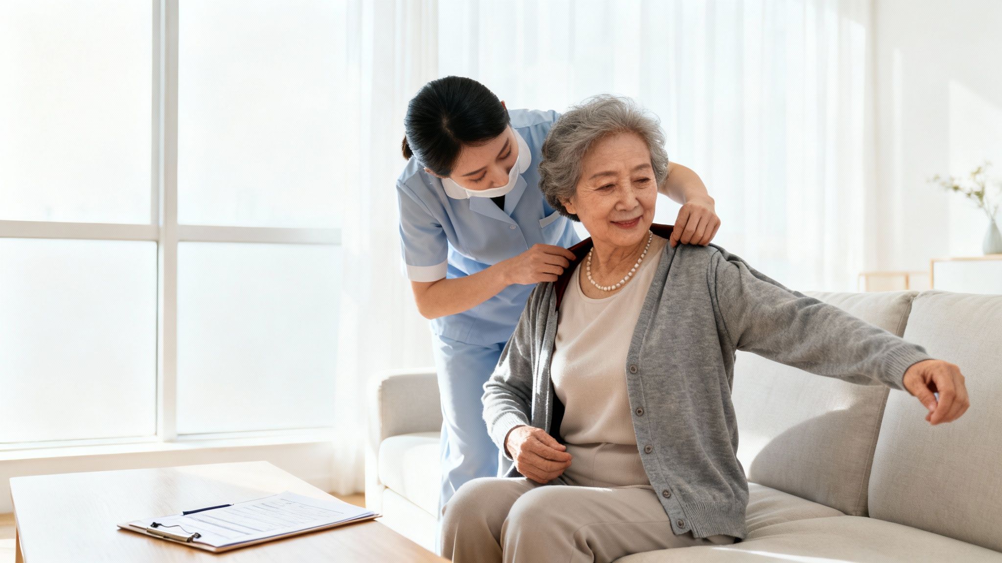 A caring nurse helps an elderly Asian woman adjust her cardigan, showing compassionate senior care.