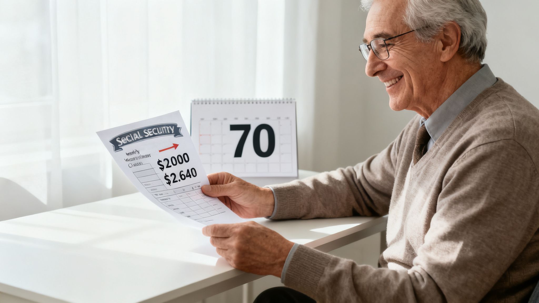 Smiling elderly man reviewing Social Security document showing benefit increase at age 70.