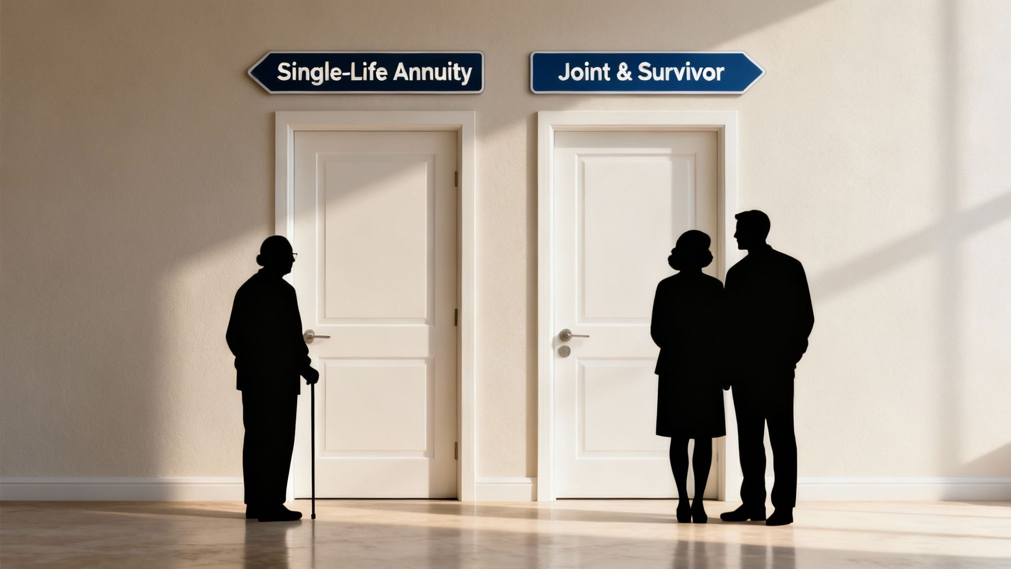 Silhouettes of an elderly individual and a couple facing doors with 'Single-Life Annuity' and 'Joint & Survivor' signs. Silhouettes of an elderly individual and a couple facing doors with 'Single-Life Annuity' and 'Joint & Survivor' signs.