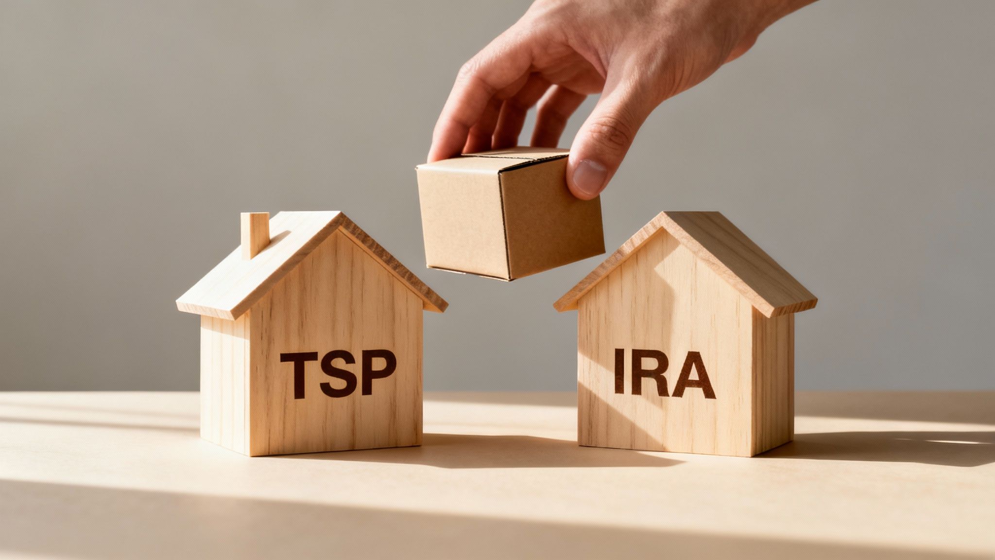 A hand holds a cardboard box between two wooden houses labeled 'TSP' and 'IRA', symbolizing financial transfers.