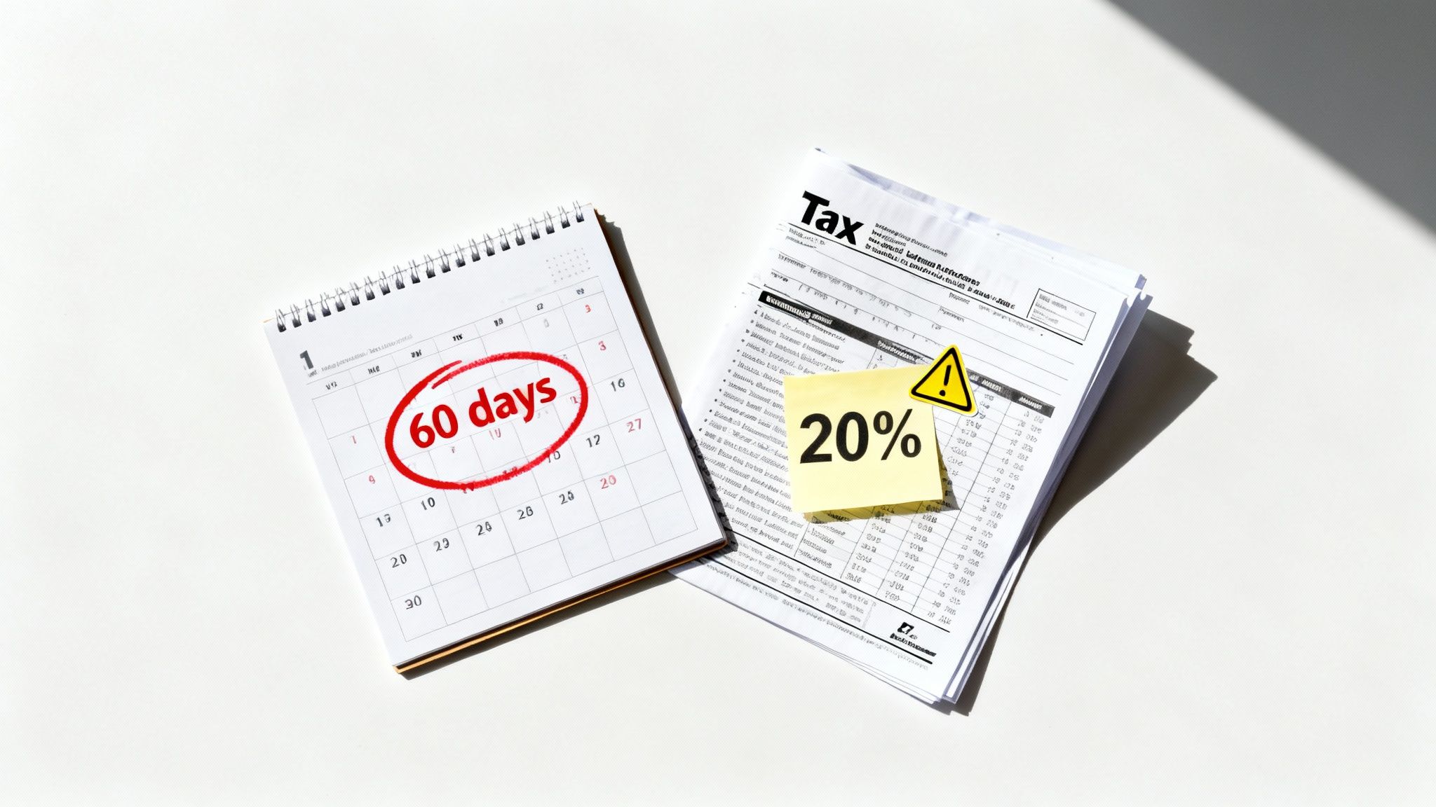 A calendar showing "60 days" circled in red, next to tax papers with a "20%" warning on a sticky note.