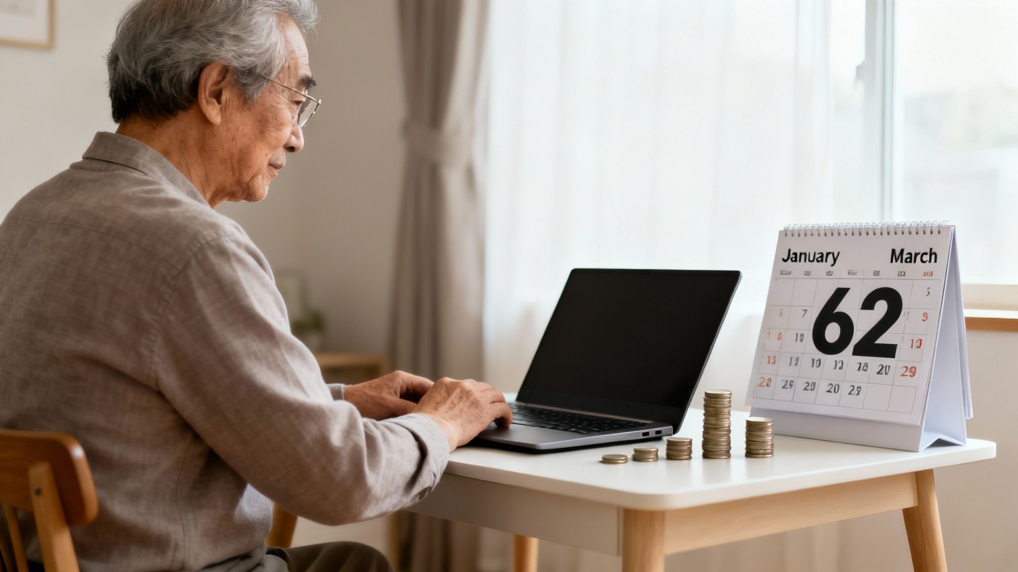 Elderly Asian man using a laptop at a desk with a calendar showing '62' and stacks of coins, representing retirement planning.