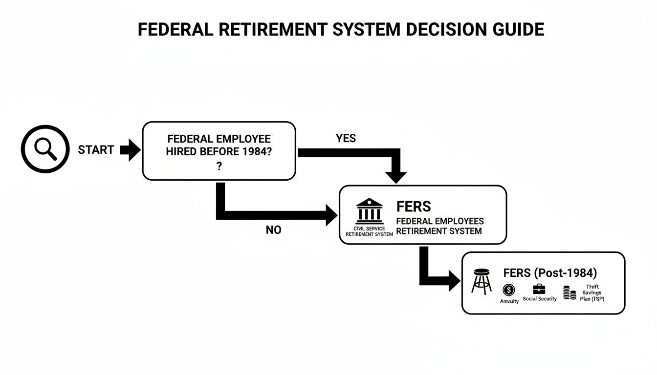 Flowchart detailing the Federal Retirement System decision guide, leading to FERS components.
