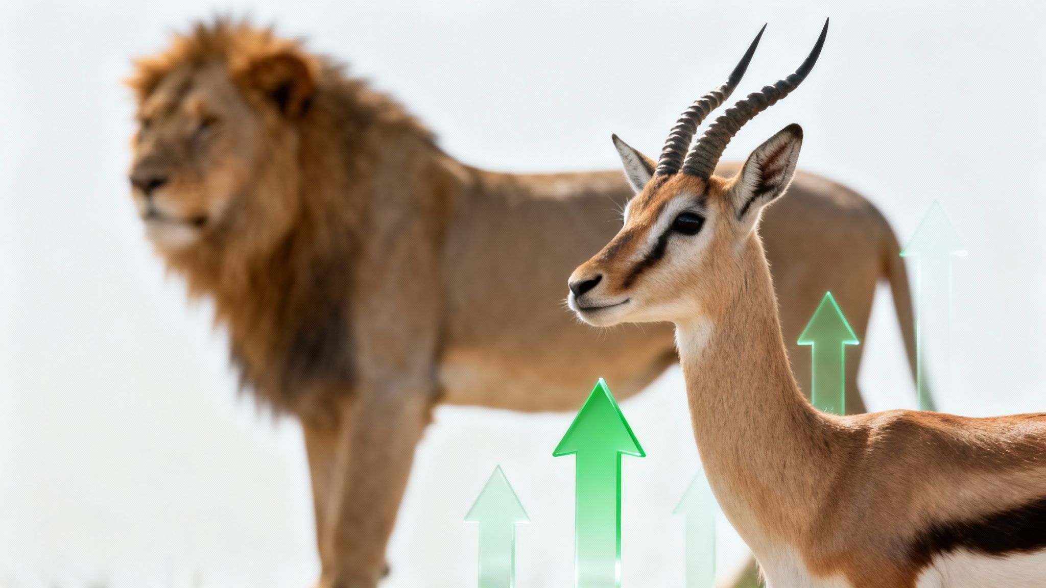 A gazelle with upward green arrows symbolizes growth and progress, with a blurred lion in the background.