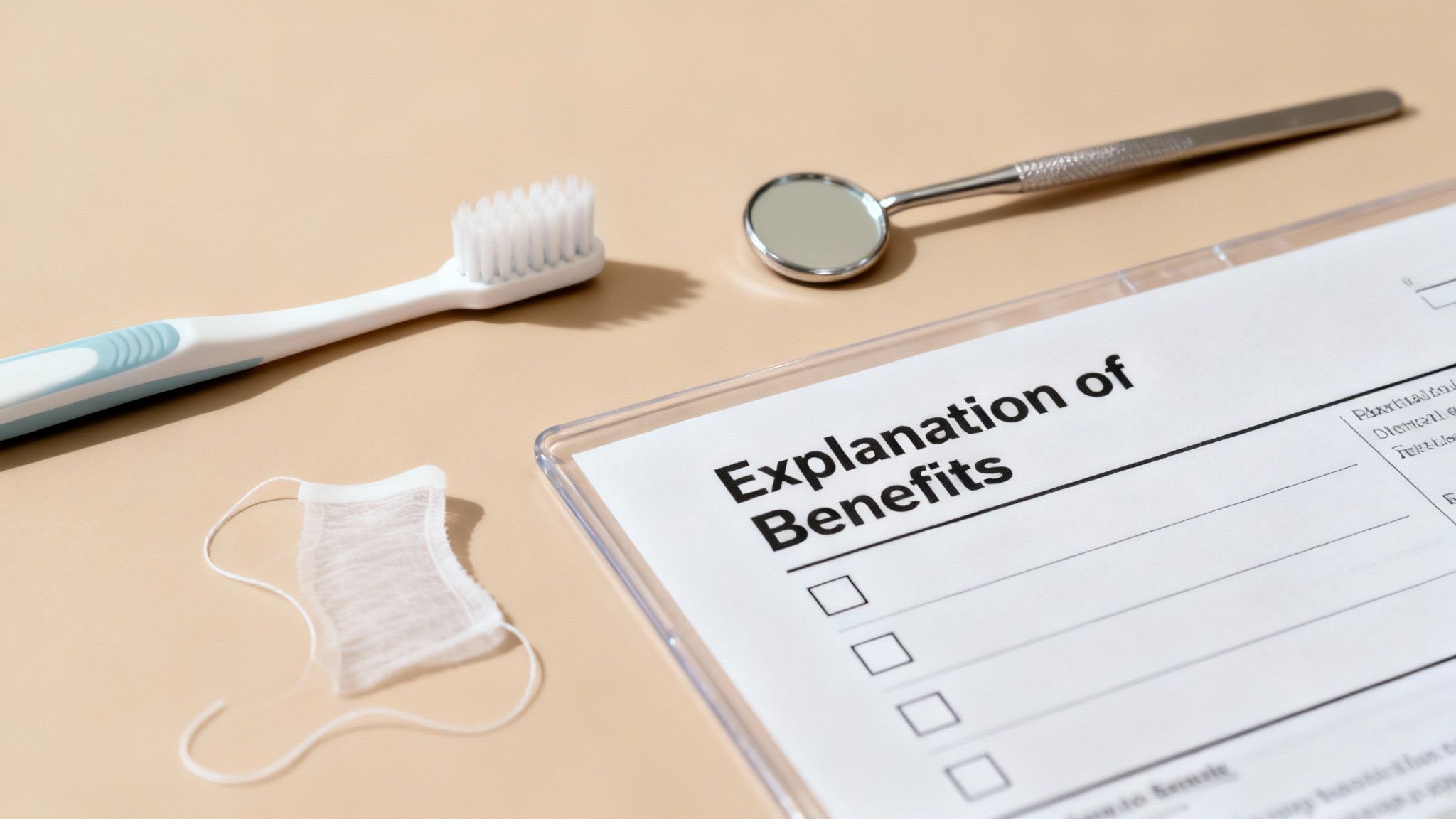 Dental insurance explanation of benefits form with toothbrush, floss, and dental mirror Dental insurance explanation of benefits form with toothbrush, floss, and dental mirror