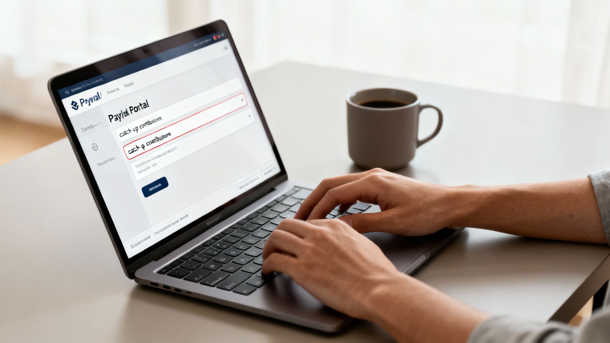A federal employee using a laptop to access their payroll portal and set up TSP contributions.