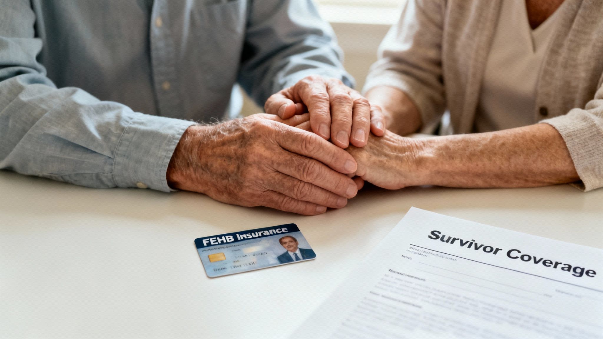 Elderly couple holding hands with FEHB insurance card and 'Survivor Coverage' document on table.