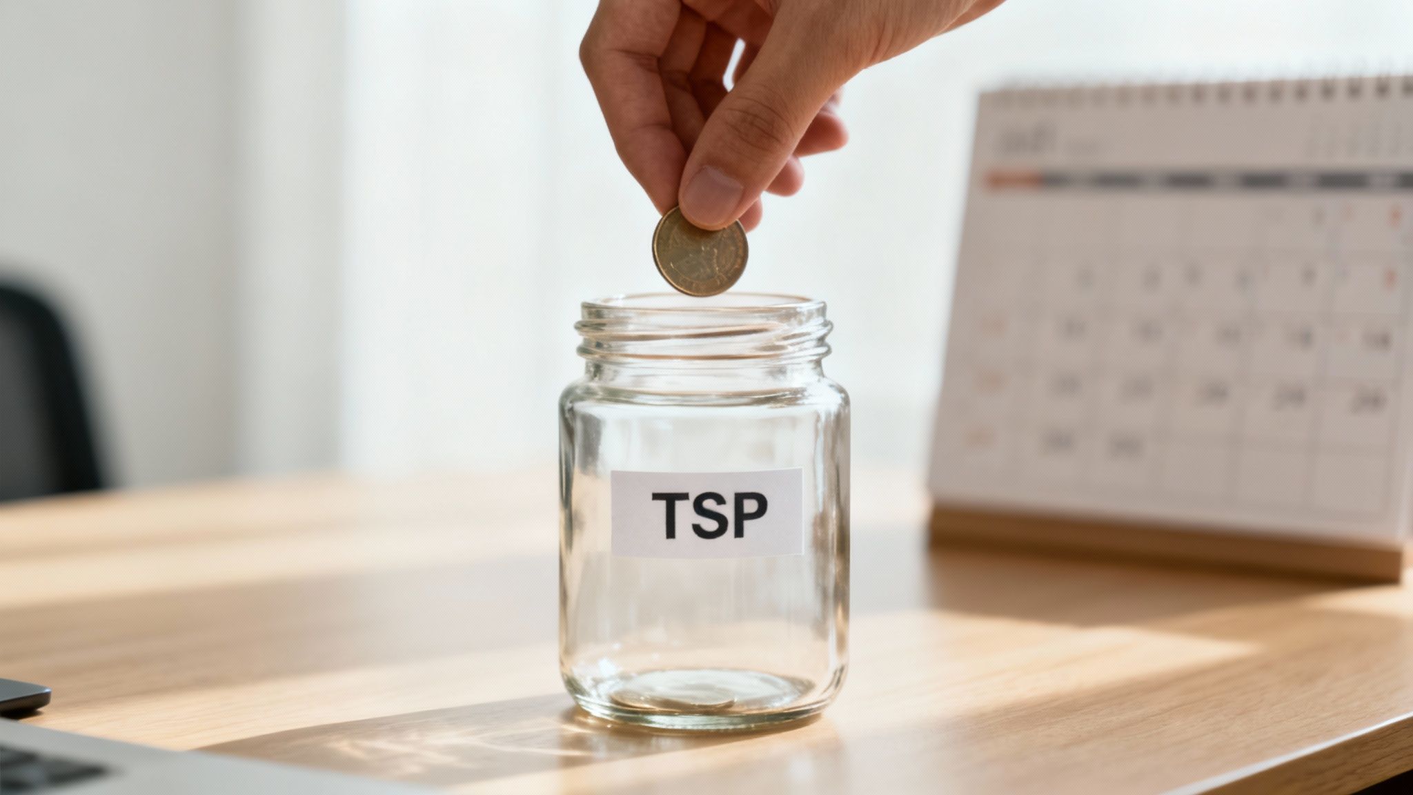 A hand drops a coin into a TSP labeled jar, symbolizing retirement savings on a desk.