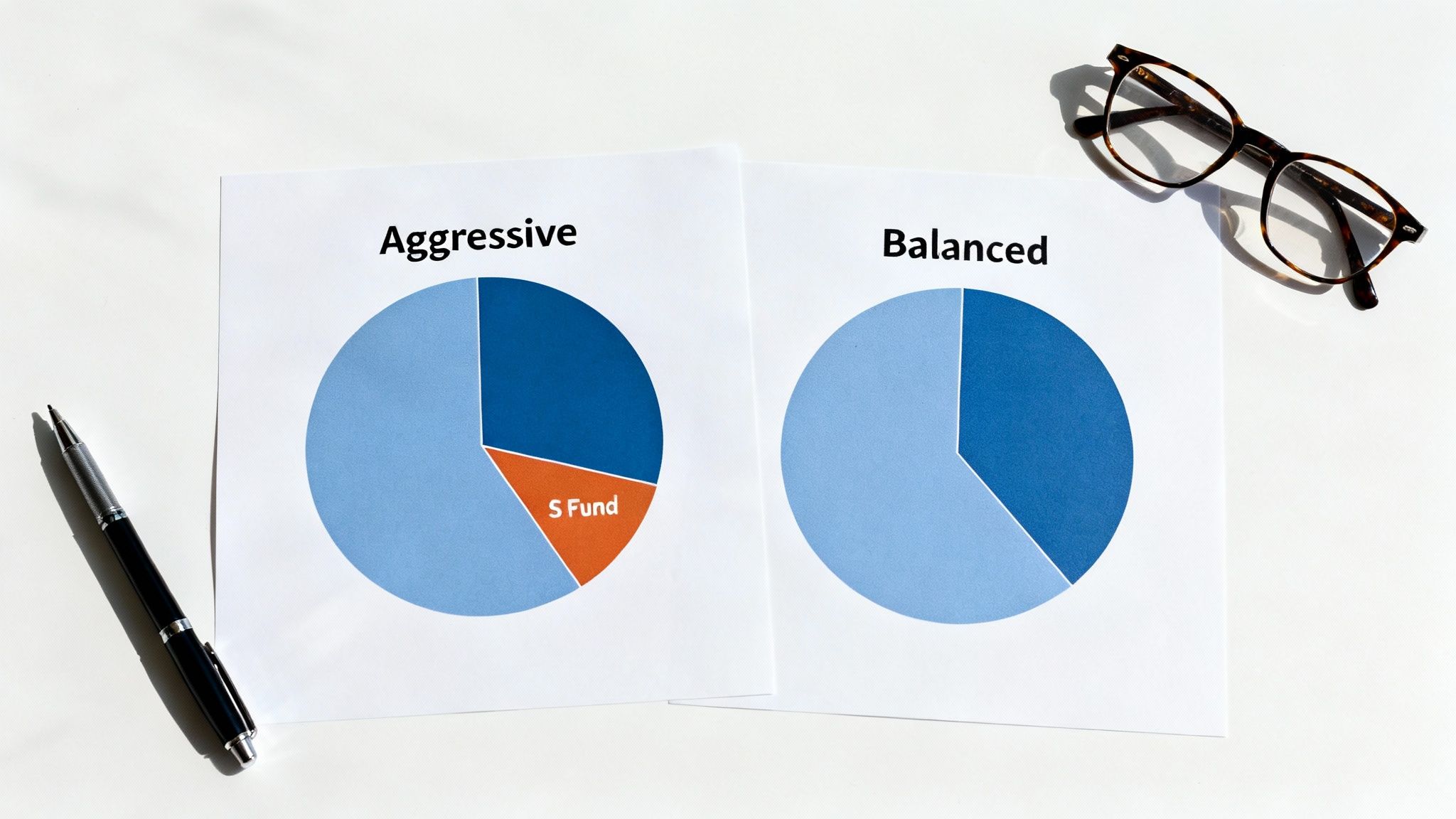 Two financial pie charts, 'Aggressive' and 'Balanced', showing investment strategies with a pen and glasses.