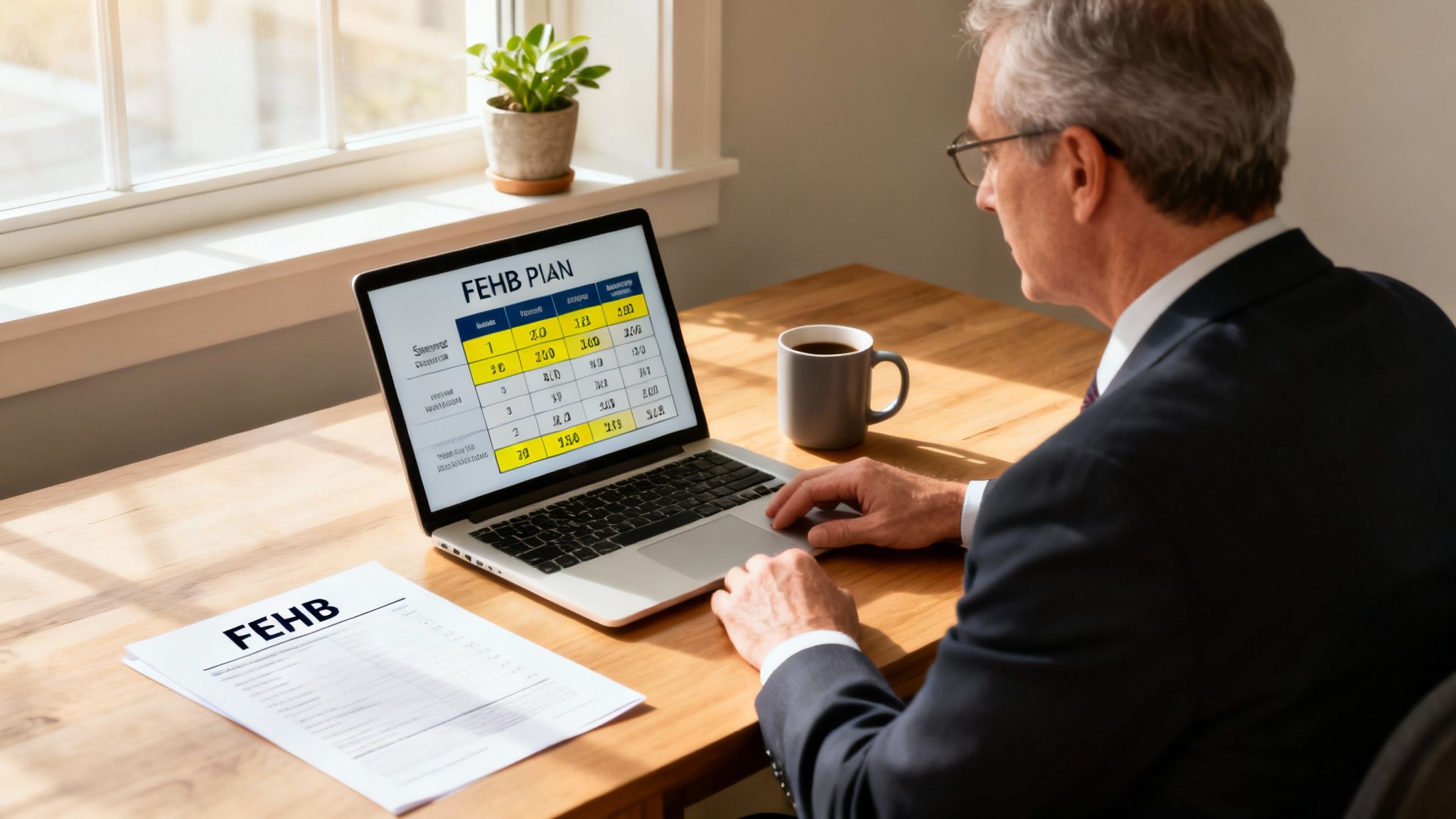 Man reviewing a FEHB plan on a laptop at a wooden desk, with a document and coffee.