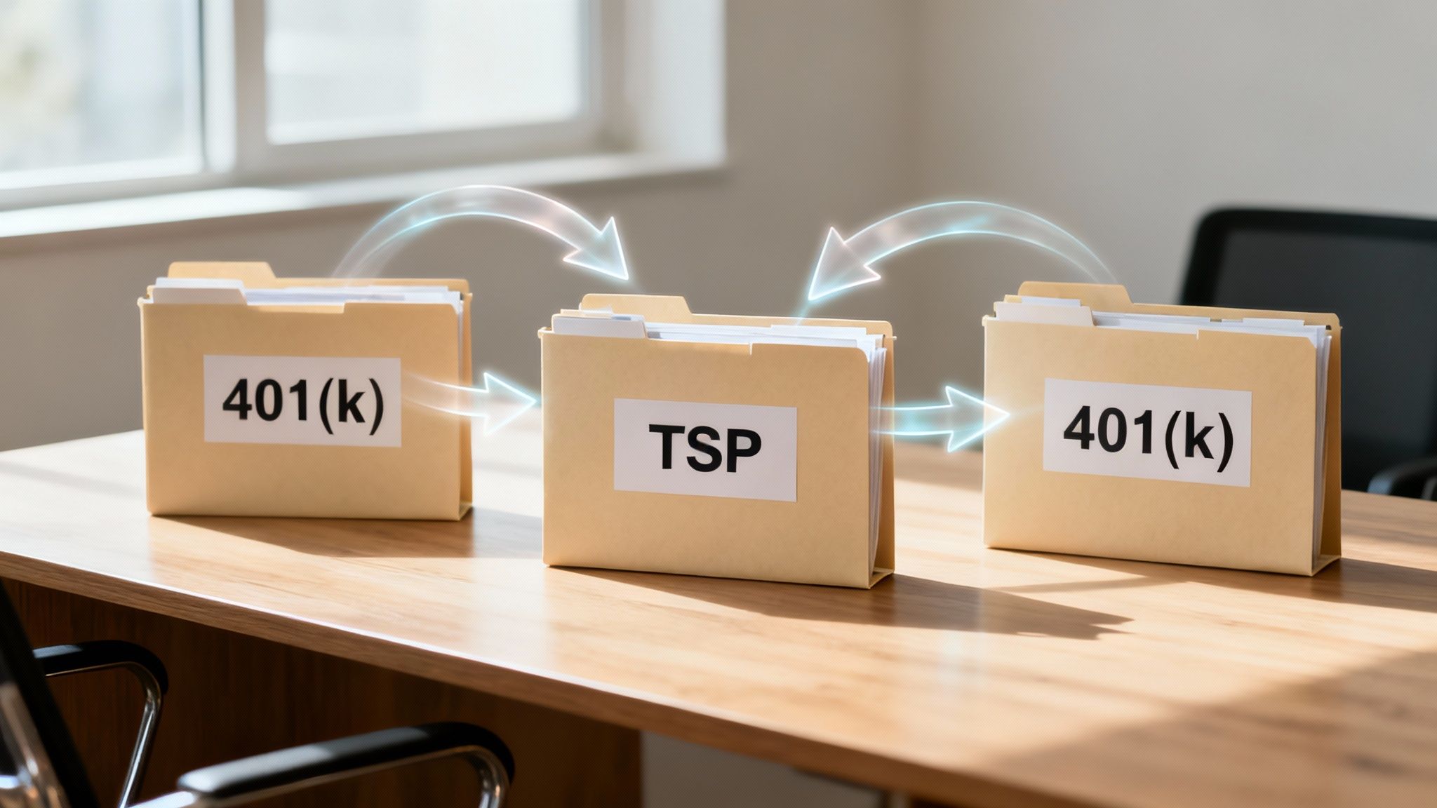 Three folders labeled 401(k) and TSP with glowing arrows indicating retirement account transfers.