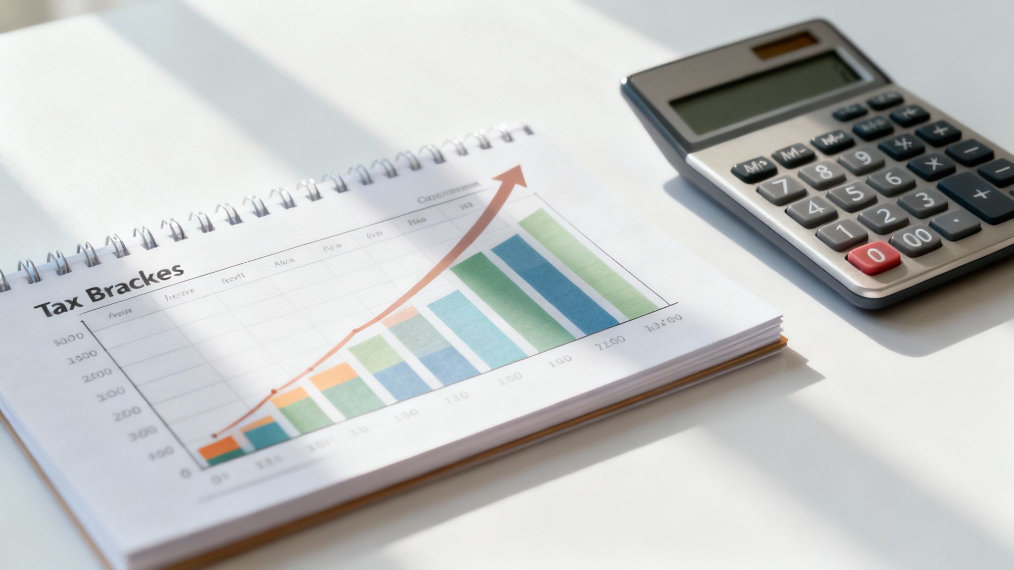 A calculator and tax forms on a desk, representing financial planning.