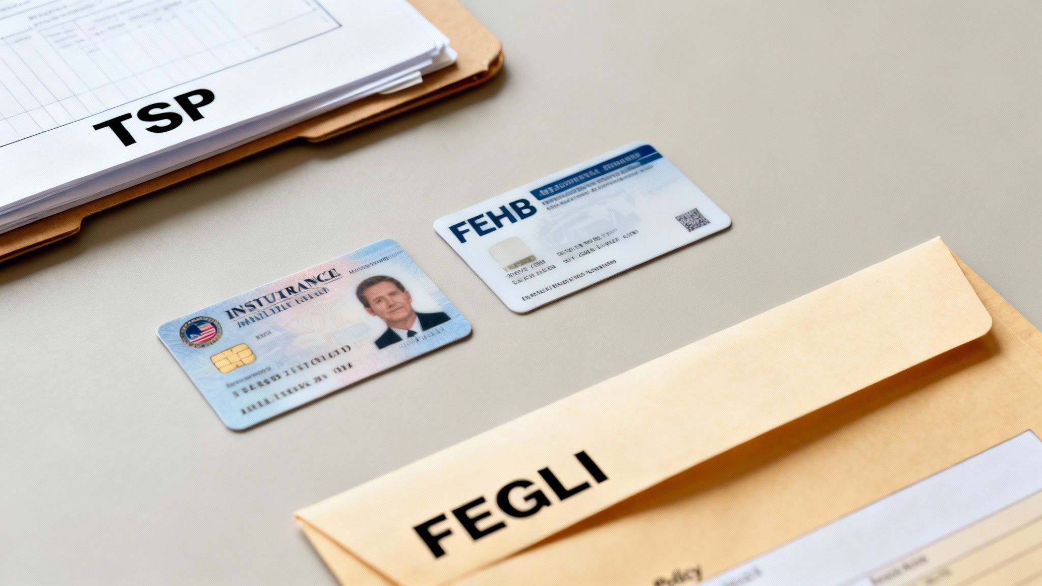 Federal retirement documents, including TSP folder, FEHB card, and FEGLI envelope, on a light background.