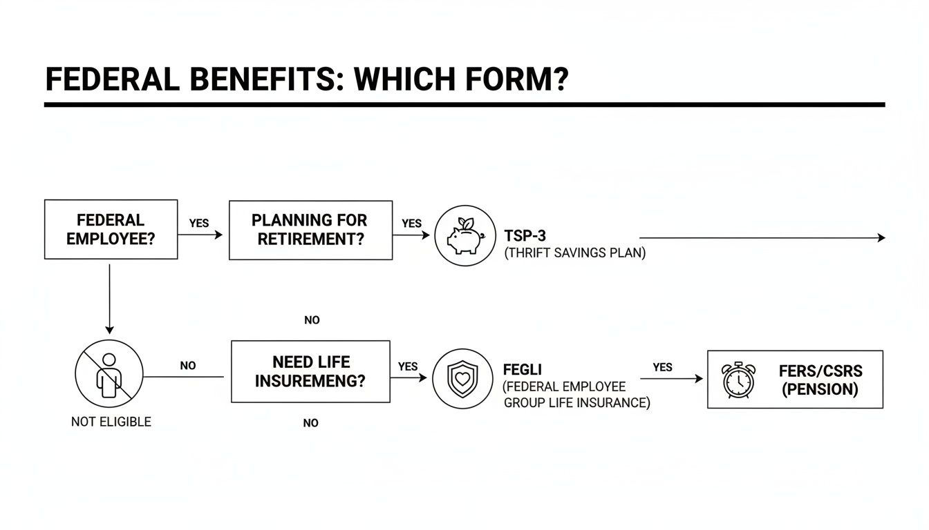 A flowchart titled 'Federal Benefits: Which Form?' guides users through retirement, savings, and life insurance options.