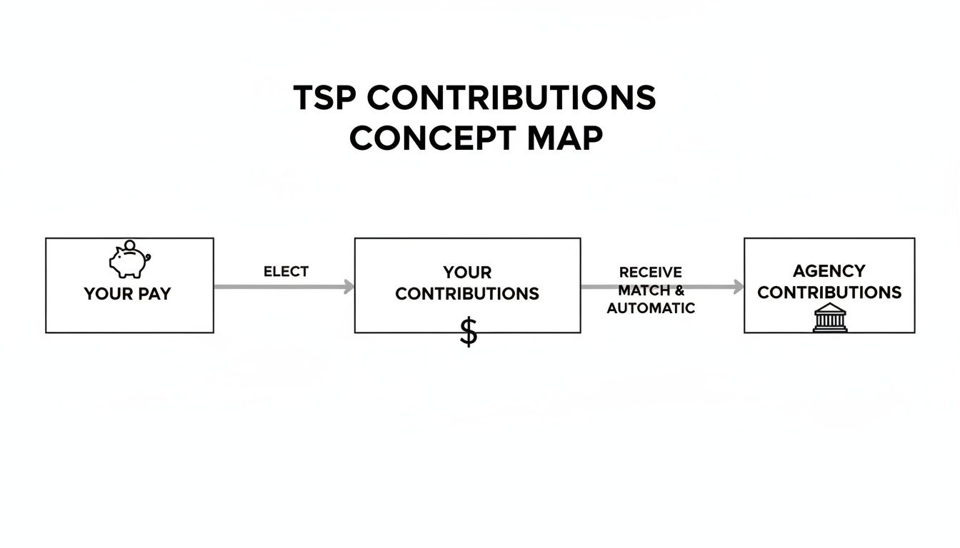 A concept map illustrating the flow of TSP contributions from your pay to your contributions, then to agency contributions.