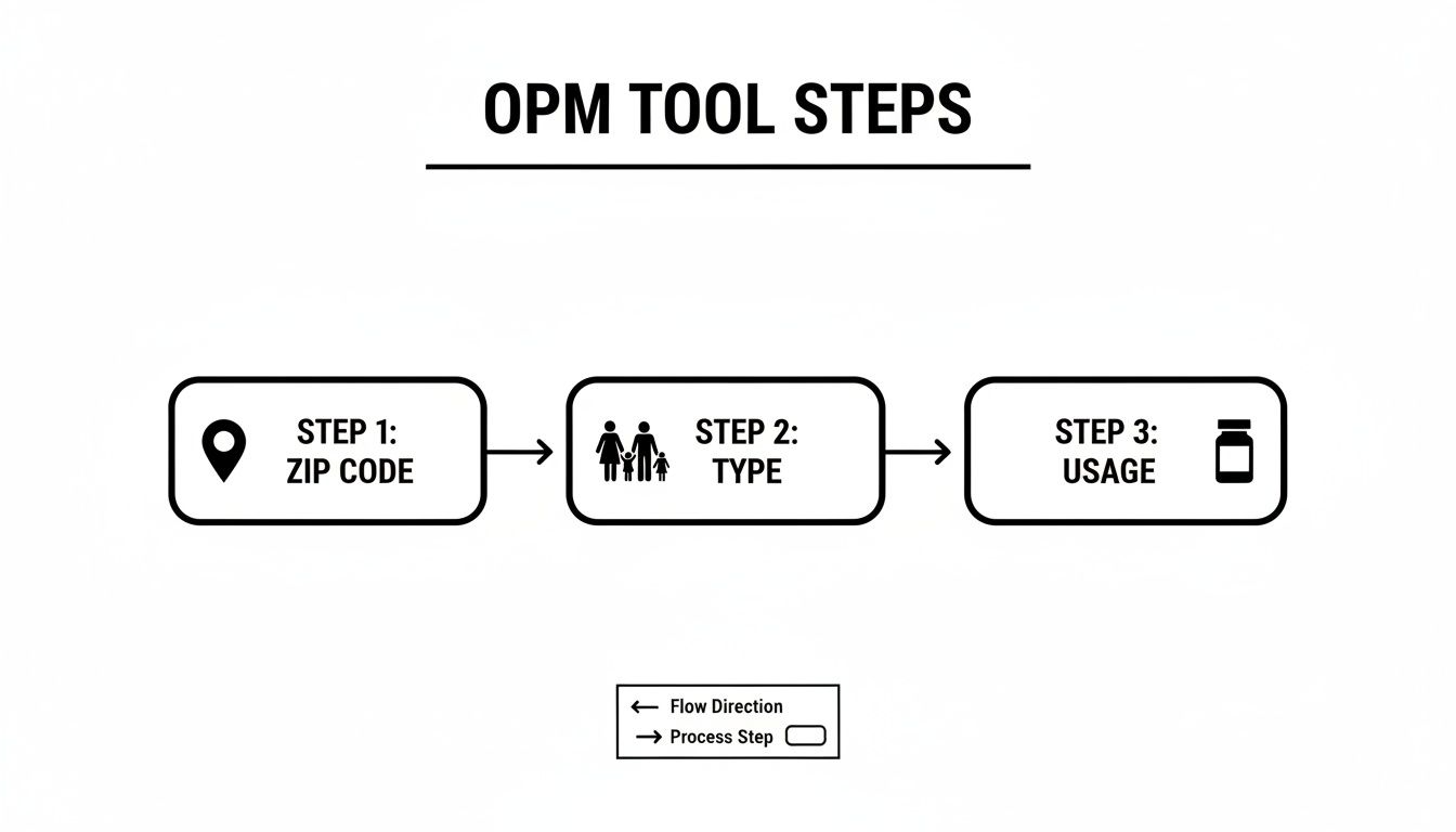 Flowchart outlining OPM tool steps: input zip code, select type (family icon), and specify usage (bottle icon).