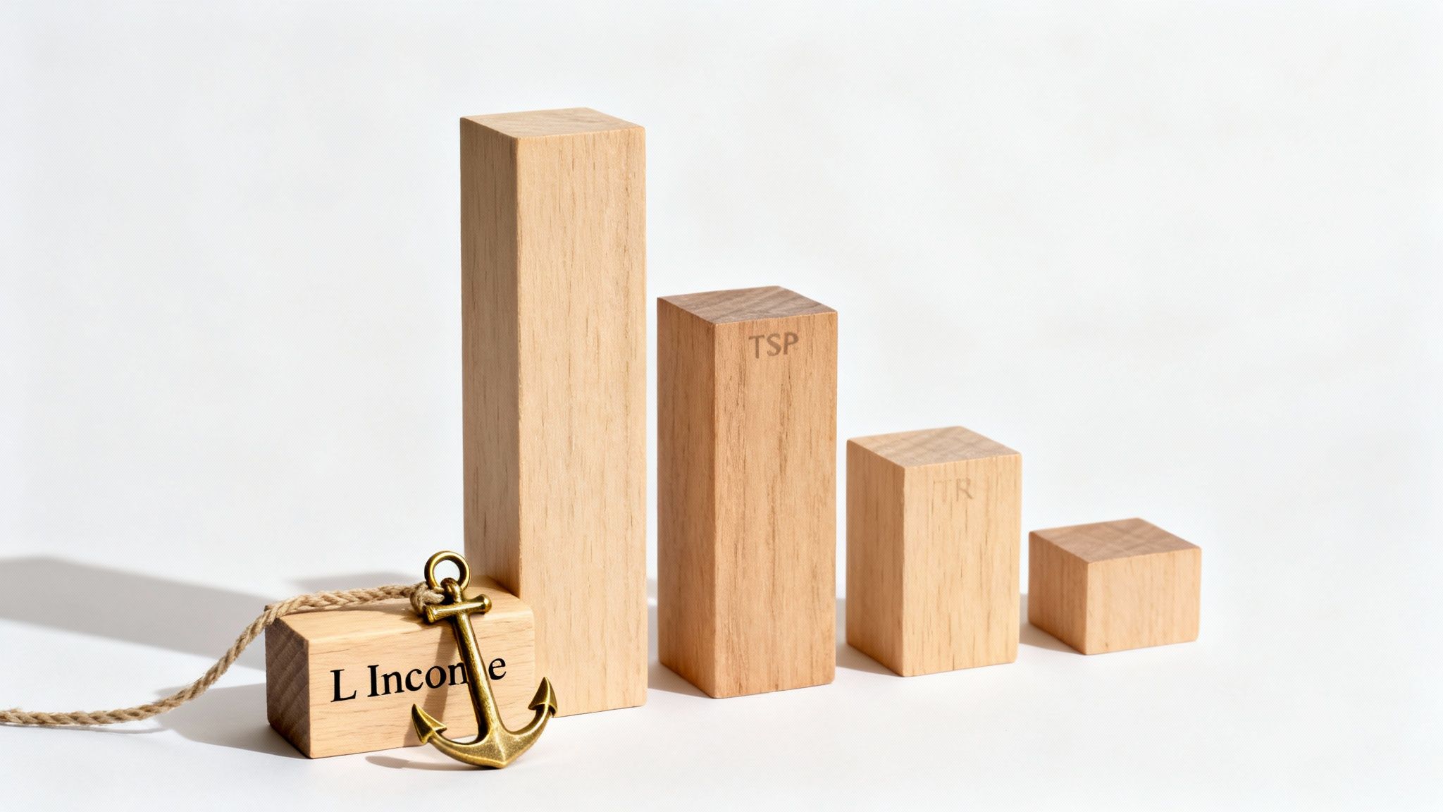 Wooden block bar chart showing decreasing values, with 'TSP' and 'L Income' anchored. Wooden block bar chart showing decreasing values, with 'TSP' and 'L Income' anchored.