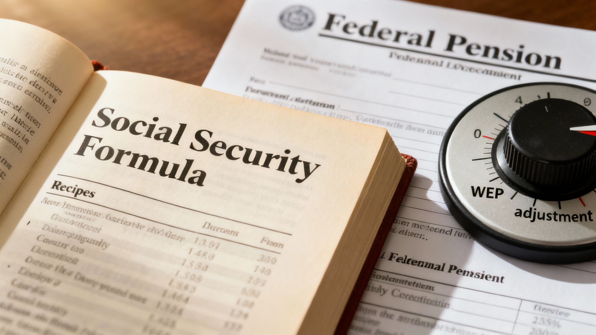 A magnifying glass hovering over a calculator and financial documents, symbolizing the detailed examination of the Windfall Elimination Provision.