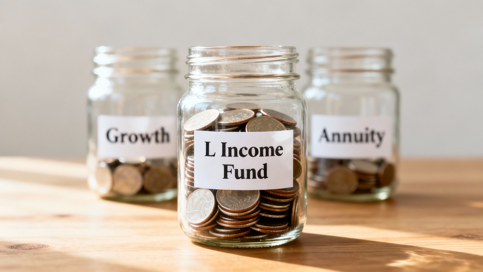 Three clear jars labeled 'Growth', 'L Income Fund', and 'Annuity' filled with coins on a wooden table.