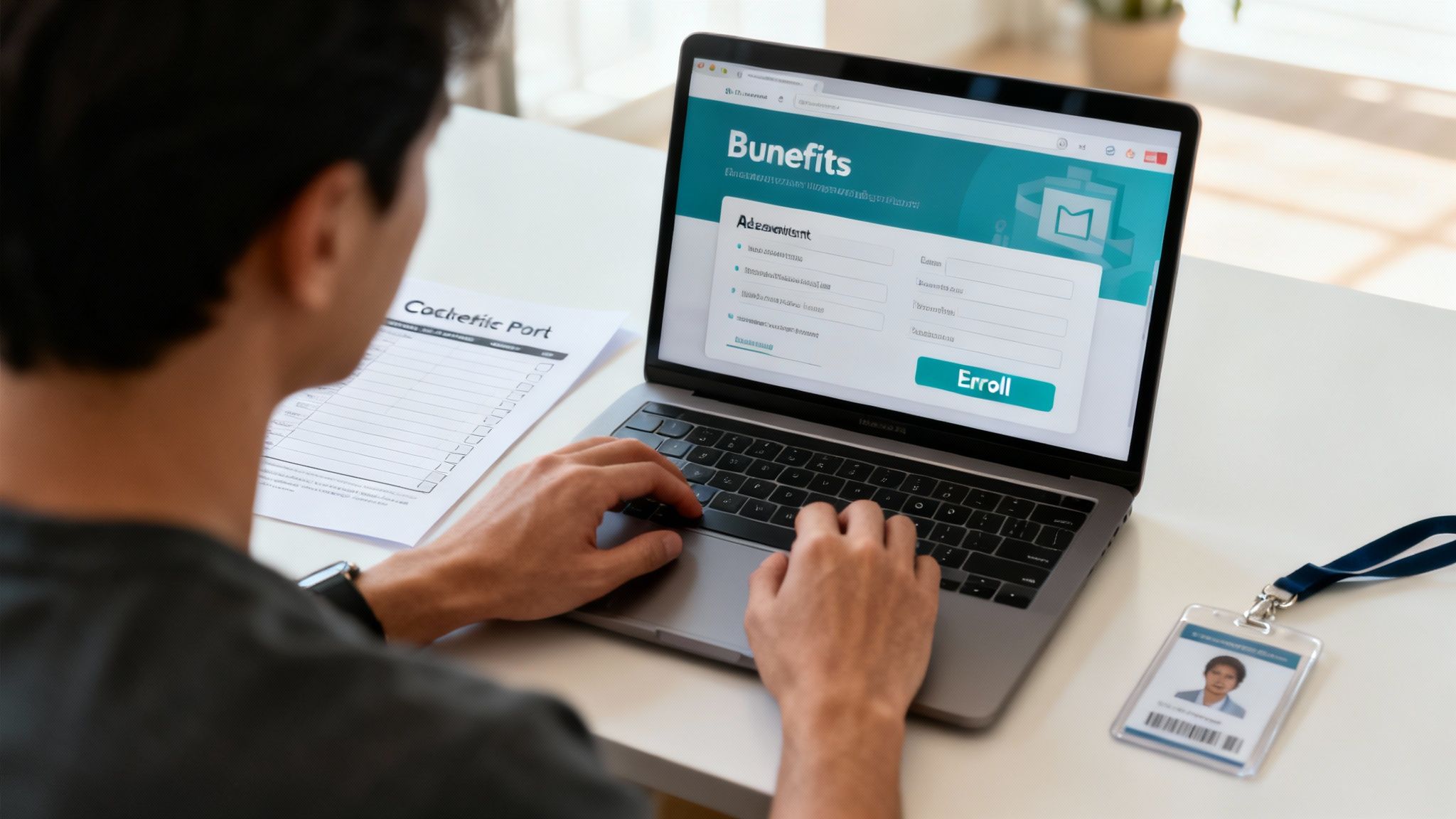 A person sitting at a desk and smiling while using a laptop to enroll in benefits. A person sitting at a desk and smiling while using a laptop to enroll in benefits.
