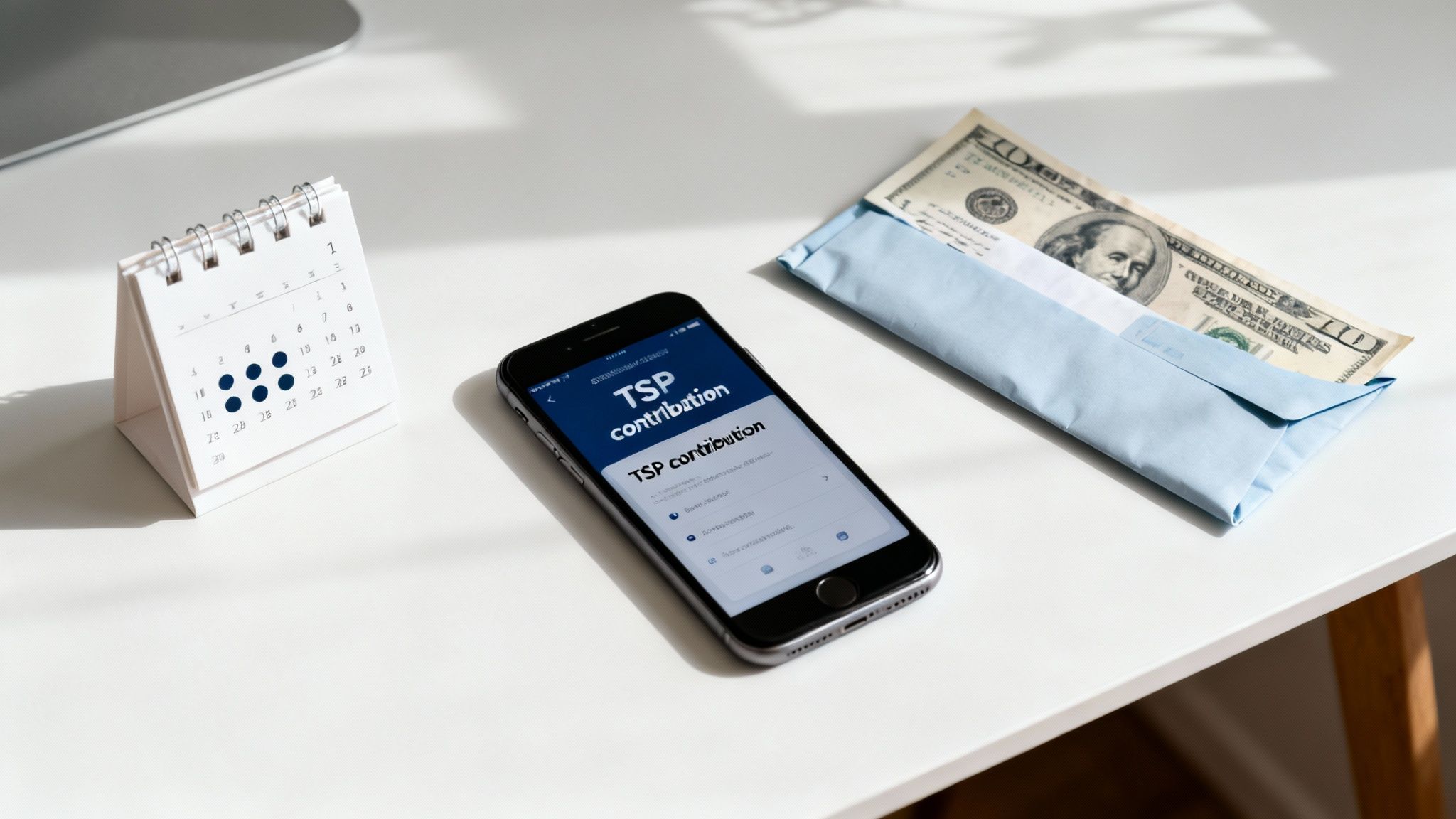 A desk with a calendar, a smartphone showing TSP contribution, and an envelope with a hundred-dollar bill.