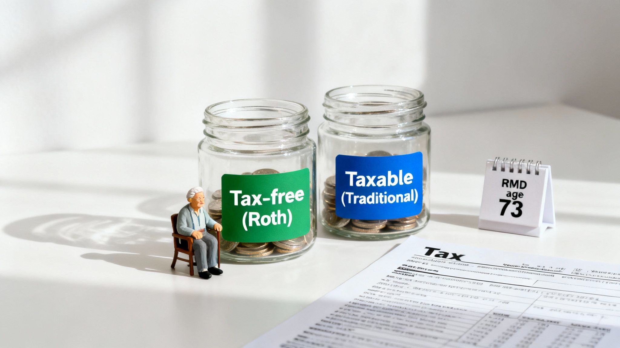 Jars representing Roth and Traditional retirement accounts, an elderly person, RMD age 73 calendar, and tax form.