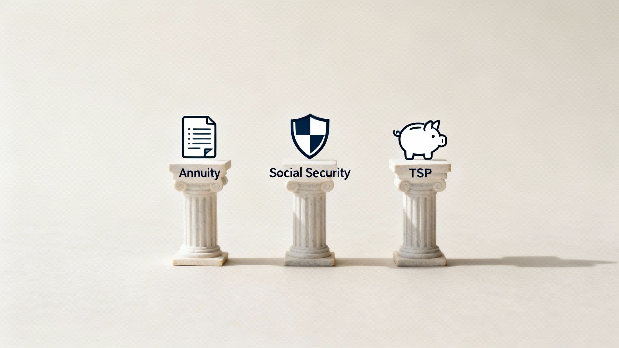 Three white pillars with icons and text: Annuity, Social Security, and TSP, representing financial planning.